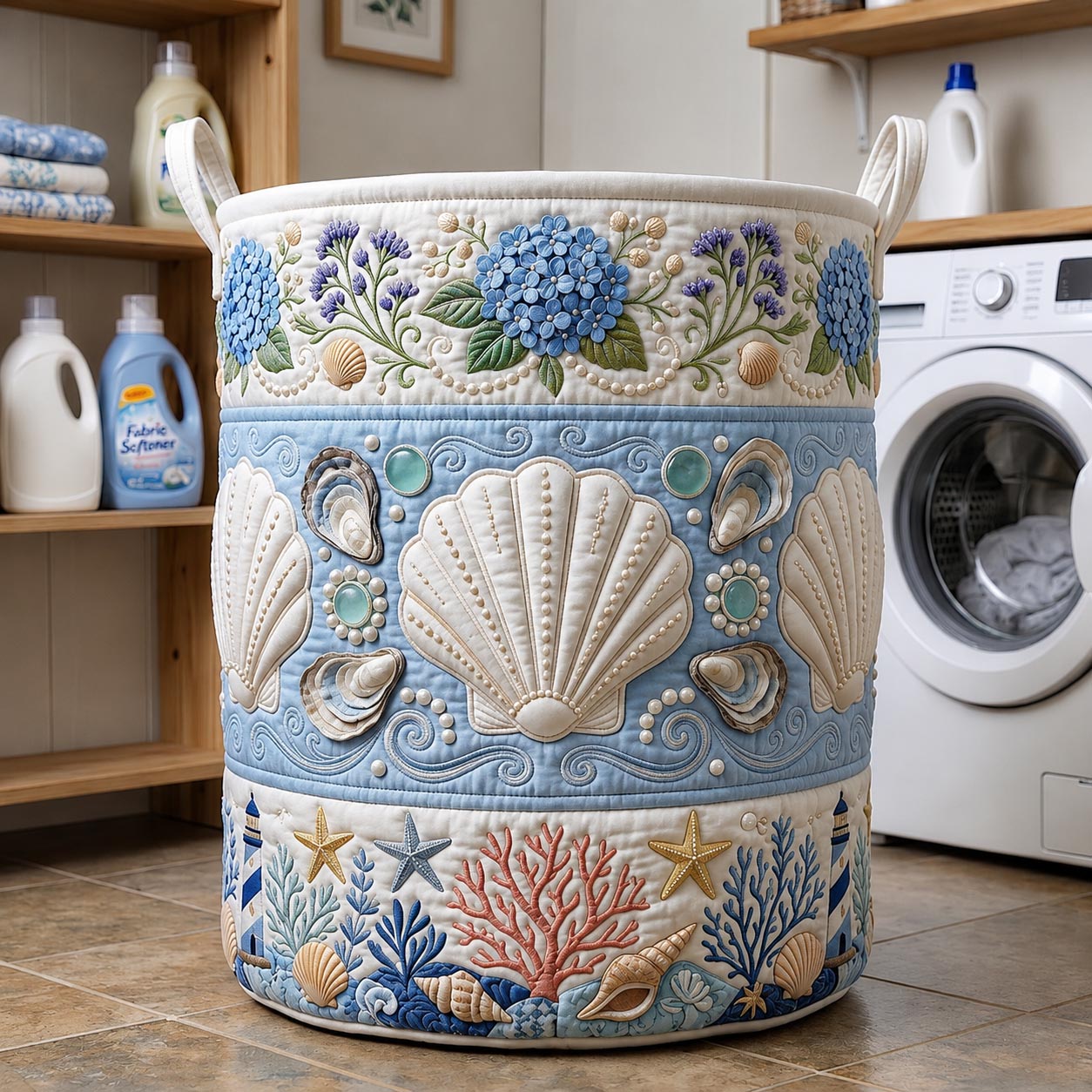Oceanic Garden Quilted Laundry Basket Seashell Floral Laundry Hamper Trendy Room Decor Gifts