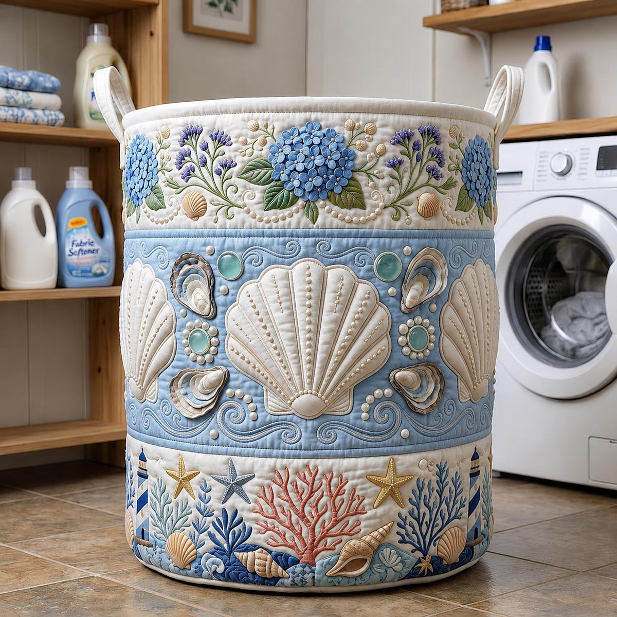 Oceanic Garden Quilted Laundry Basket Seashell Floral Laundry Hamper Trendy Room Decor Gifts
