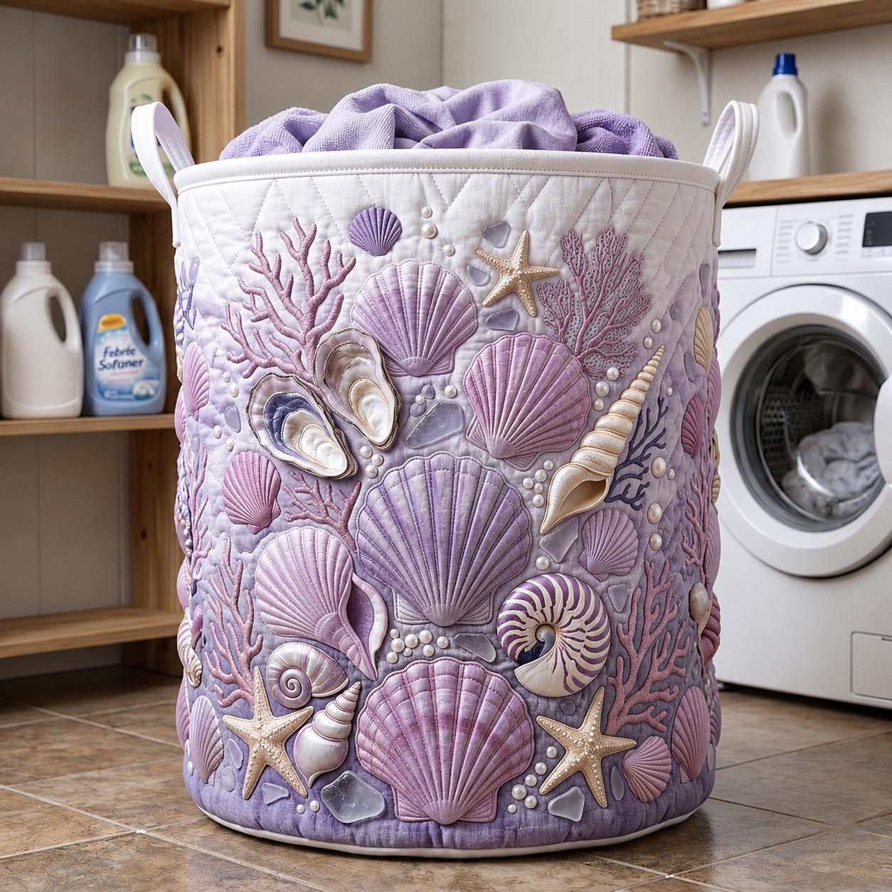 Oceanic Shell Garden Quilted Laundry Basket Ocean Vibe Clothes Hamper Decor Gift