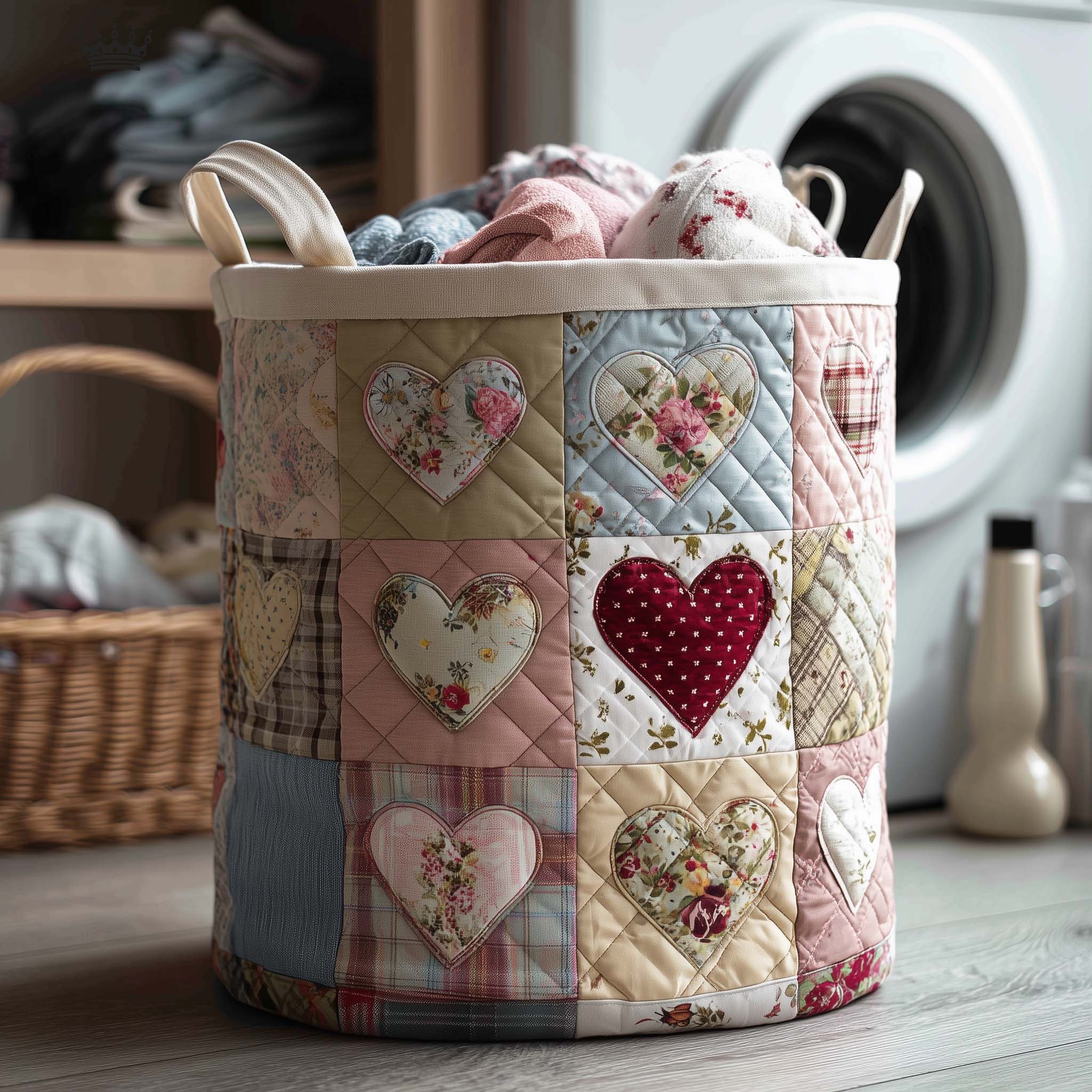 Patchwork Hearts Quilted Laundry Basket Floral Heart Pattern Hamper Cool Room Decor Gifts