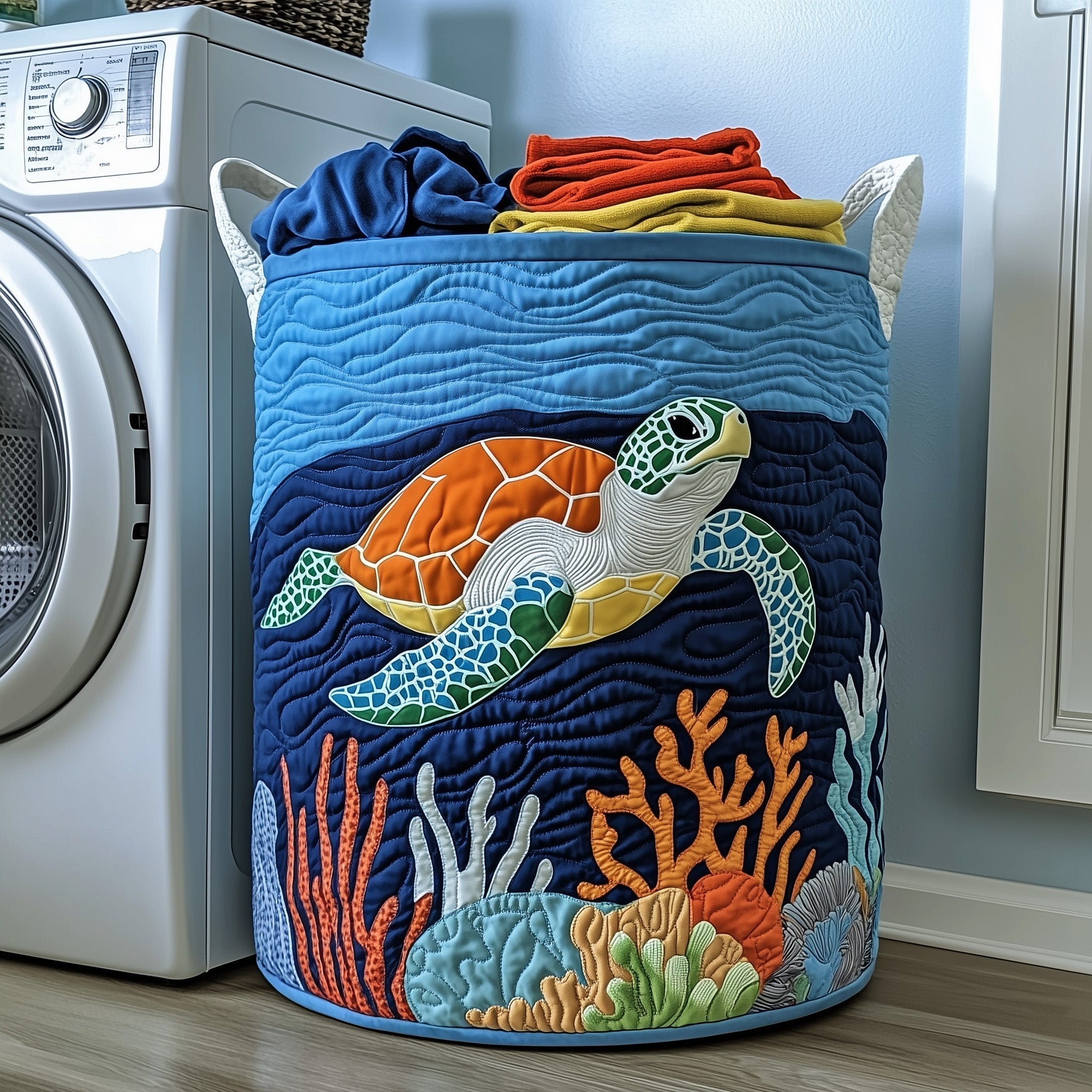Ocean Turtle Quilted Laundry Basket Turtle Lover Laundry Hamper Pretty Room Decor For Her