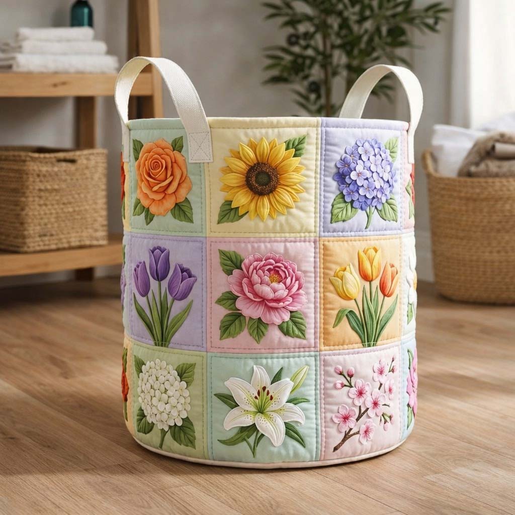 Floral Patchwork Quilted Laundry Basket Botanical Floral Storage Basket Cute Room Decor Finds