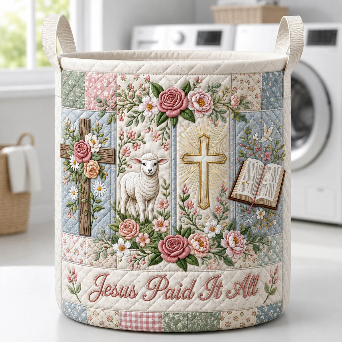 Jesus Paid It All Quilted Laundry Basket Lamb And Cross Clothes Hamper Home Gifts For Mom
