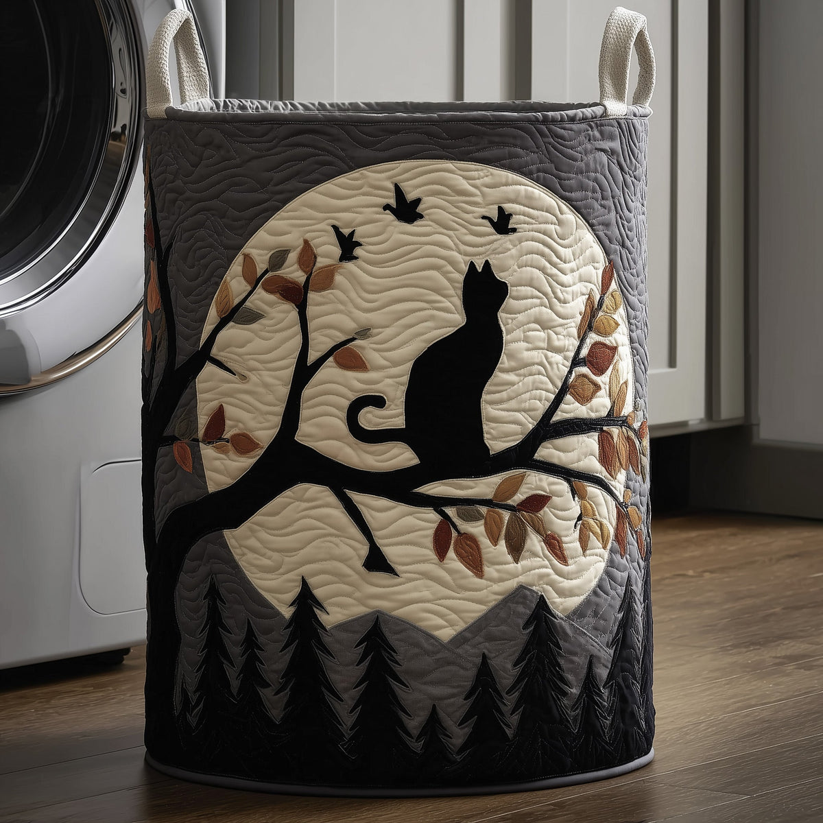 Moonlit Cat Silhouette Quilted Laundry Basket Cat Lover Laundry Bin Cute Gift