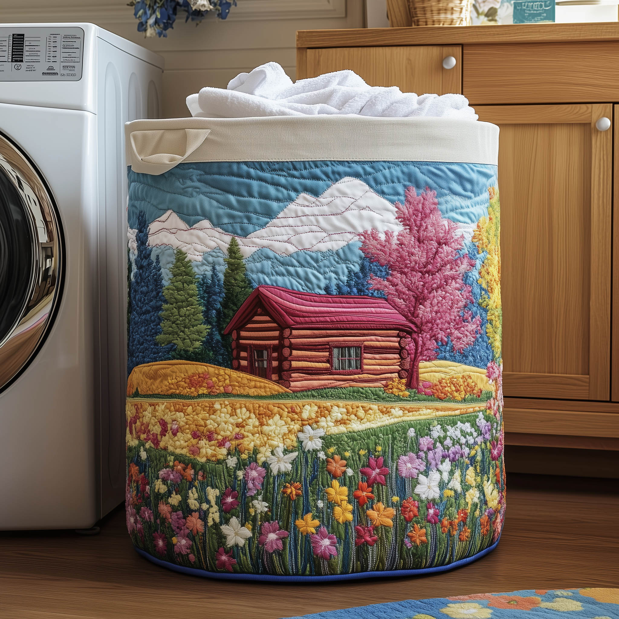 Mountain Cabin Meadow Quilted Laundry Basket Cabin Floral Lands Laundry Bin House Lover Gift