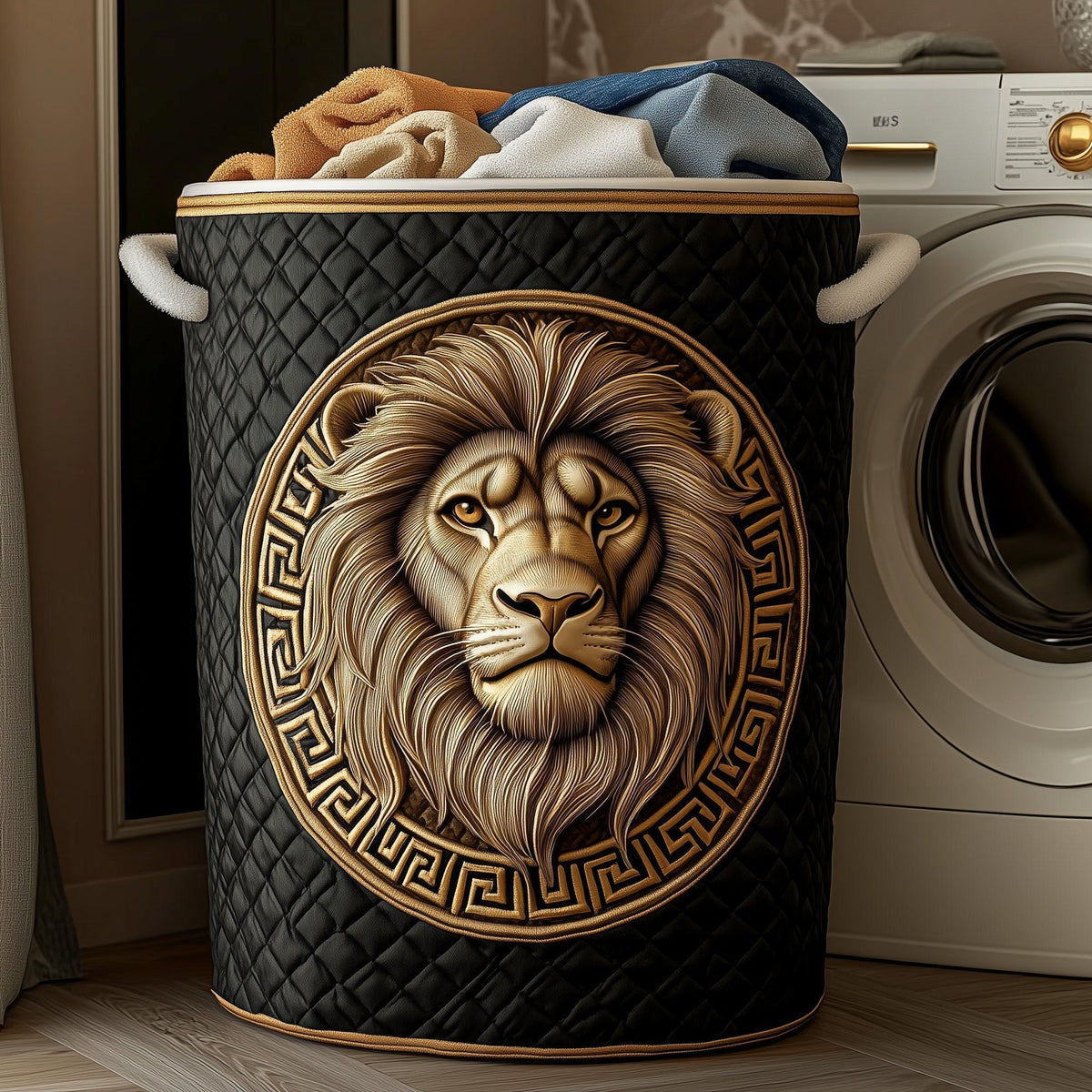 Golden Lion Emblem Quilted Laundry Basket Lion Lover Clothes Hamper Gift For Room Decor