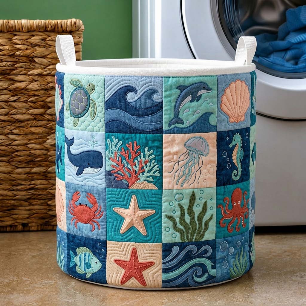 Marine Paradise Quilted Laundry Basket Coastal Whale Clothes Hamper Gift For Sea Life Fan