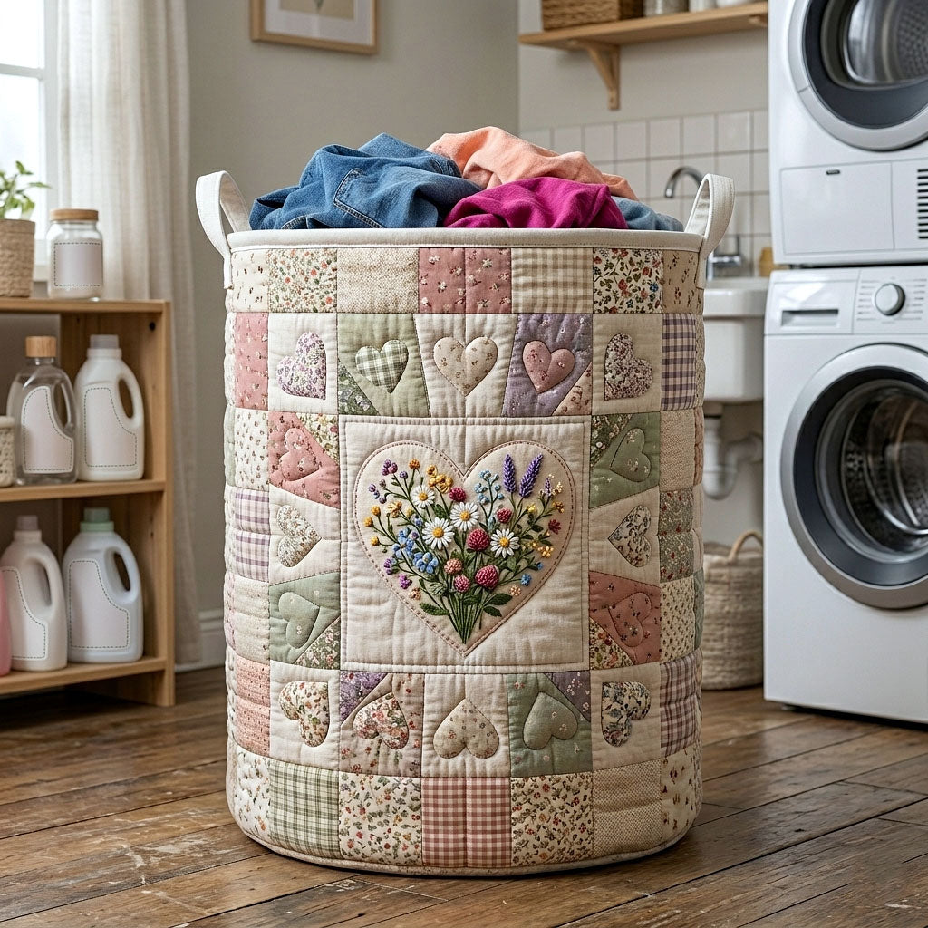 Heartfelt Garden Quilted Laundry Basket Heart Patchwork Clothes Hamper Home Gifts For Mom
