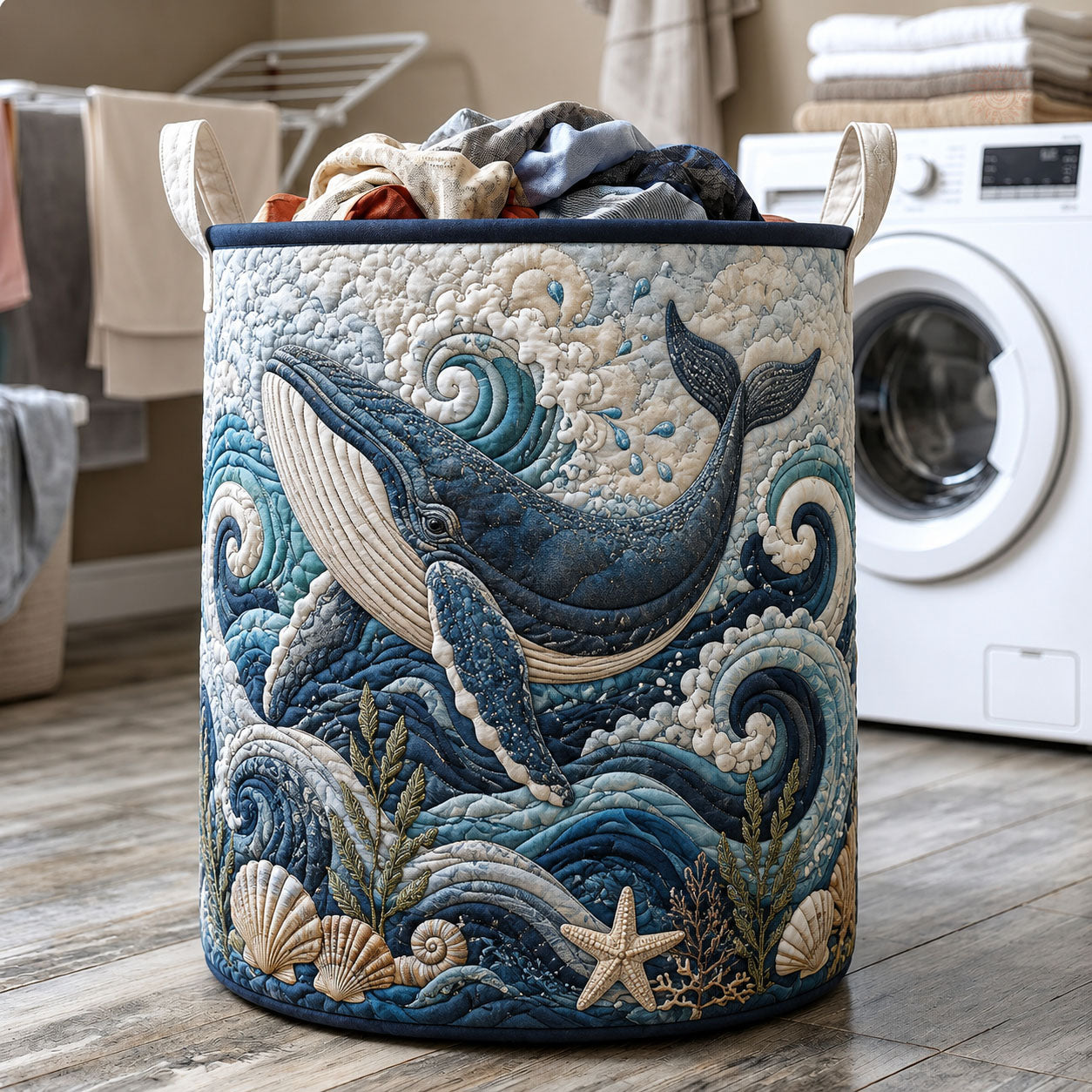 Oceanic Whale Quilted Laundry Basket Whale Lover Storage Basket Trendy Room Decor Gifts