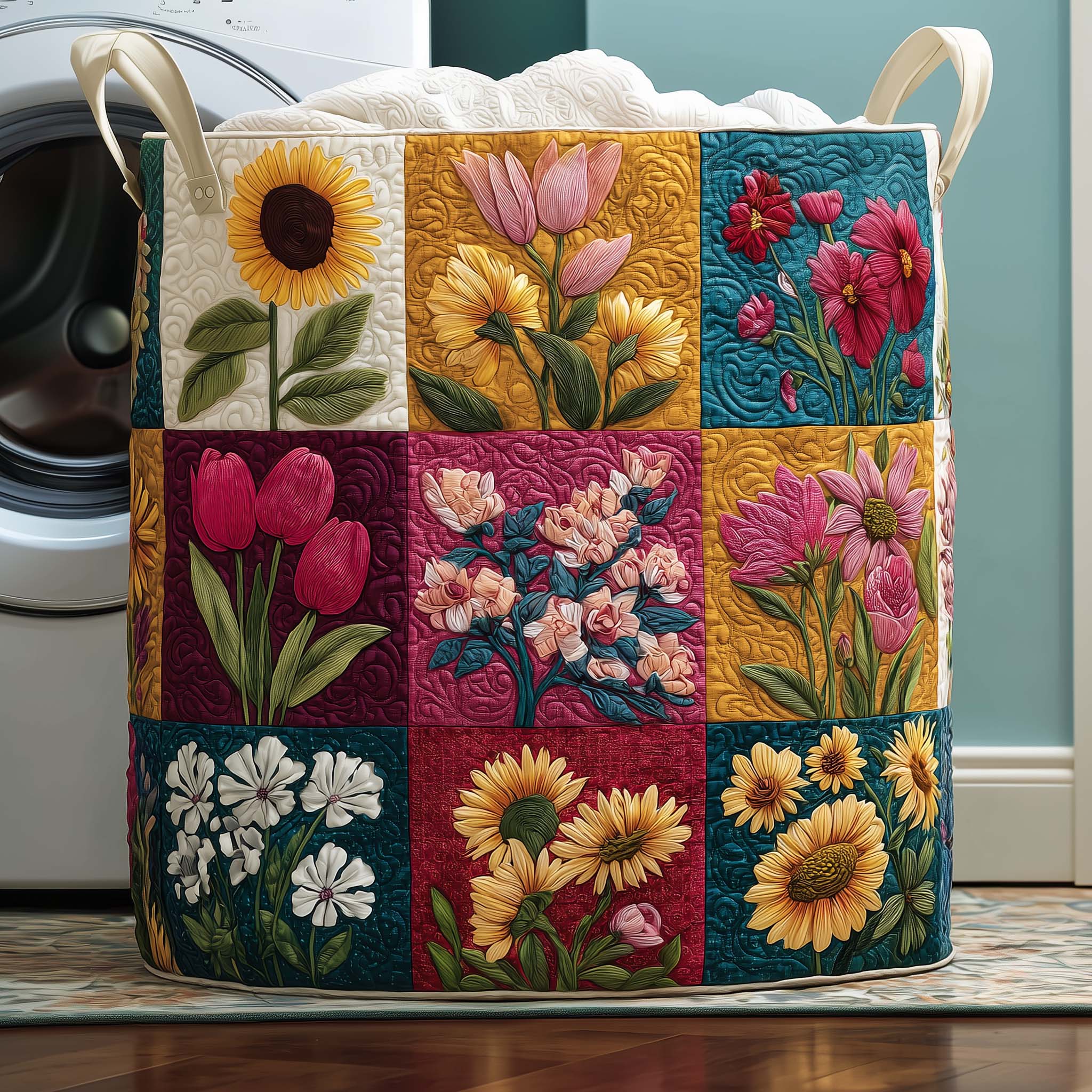 Floral Patchwork Quilted Laundry Basket Botanical Floral Laundry Bin Cool Room Decor