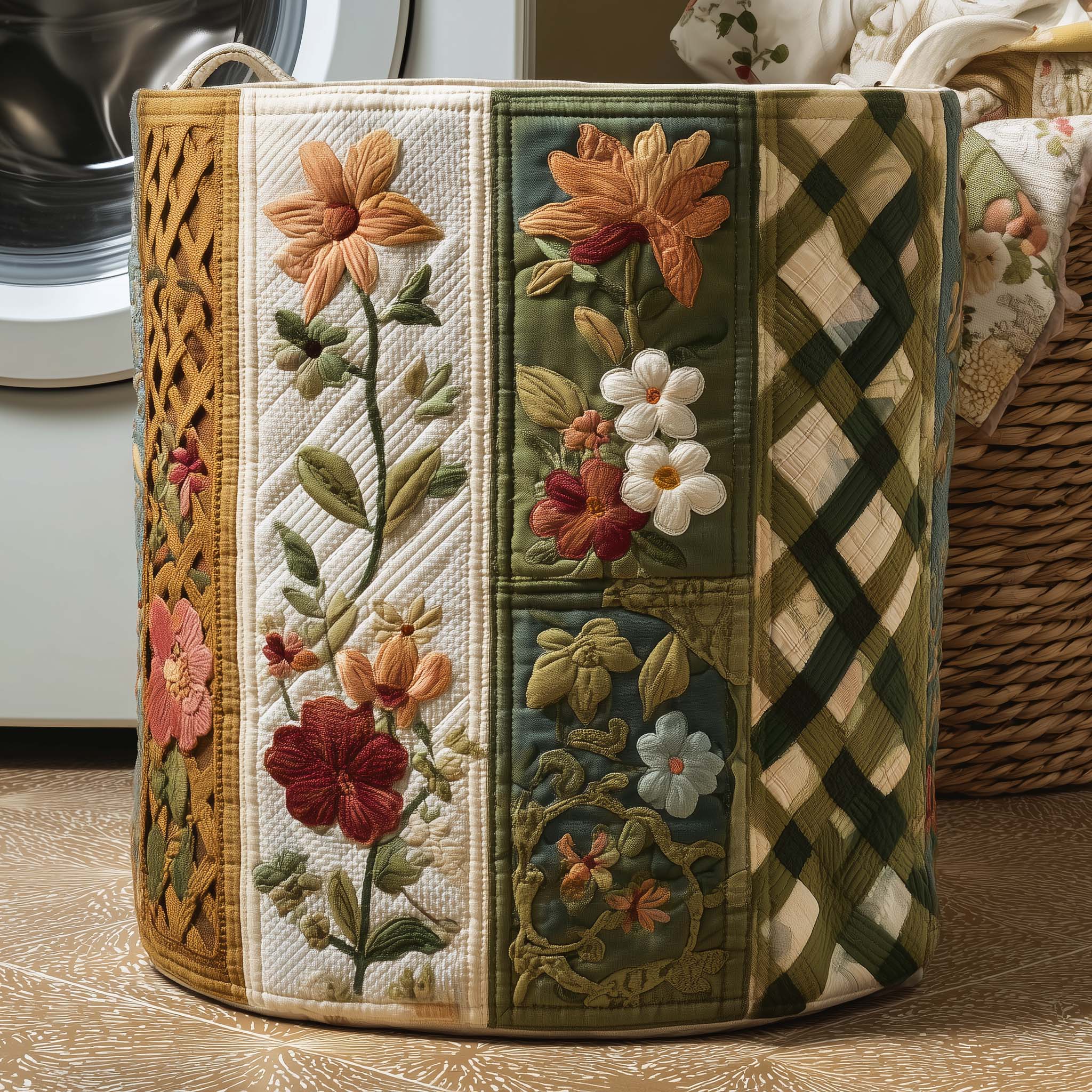 Floral Patchwork Garden Quilted Laundry Basket Botanical Floral Laundry Bin Gift For Home Decor