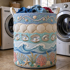 Oceanic Beach Scene Quilted Laundry Basket Seashell Ocean Waves Hamper Home Lover Gift