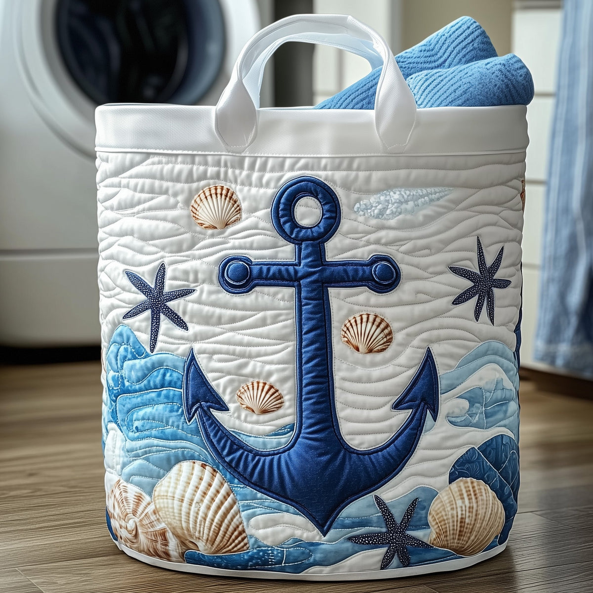 Nautical Ocean Quilted Laundry Basket Anchor Seashells Clothes Hamper House Gift