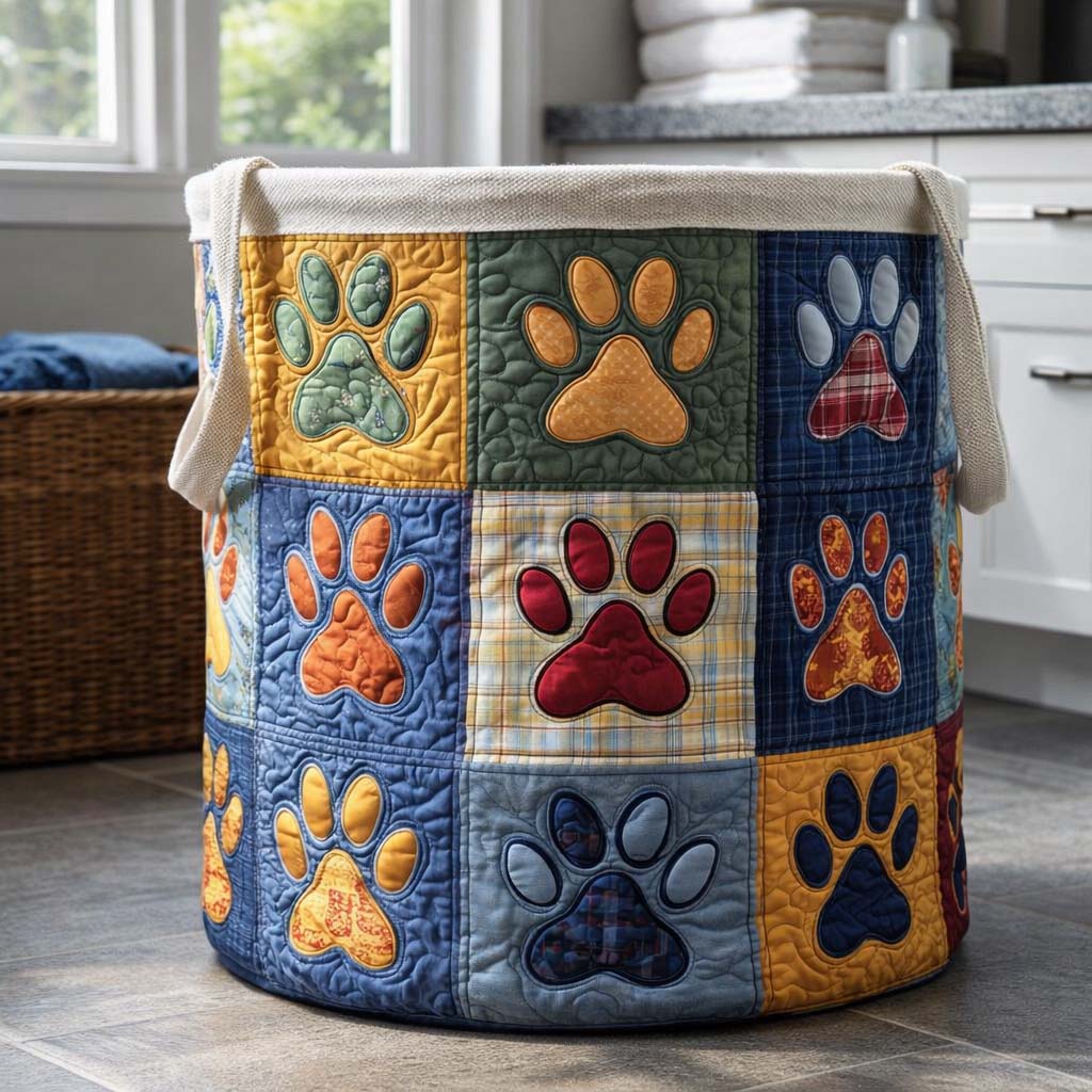 Paw Paradise Quilted Laundry Basket Puppy Lover Hamper Gift For Pet Parents
