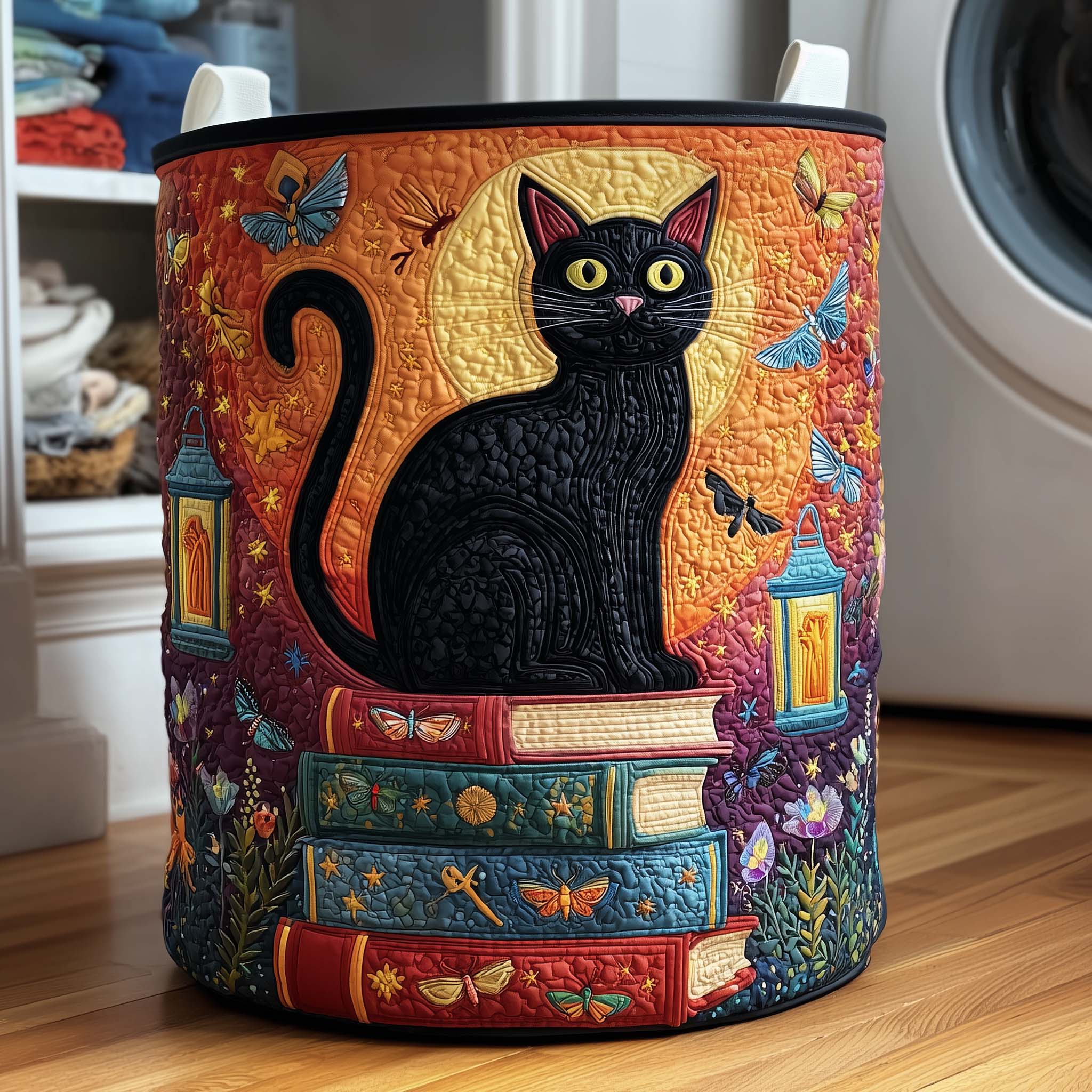 Mystical Black Cat Quilted Laundry Basket Black Cat Lover Hamper Home Decor Gifts For Wife