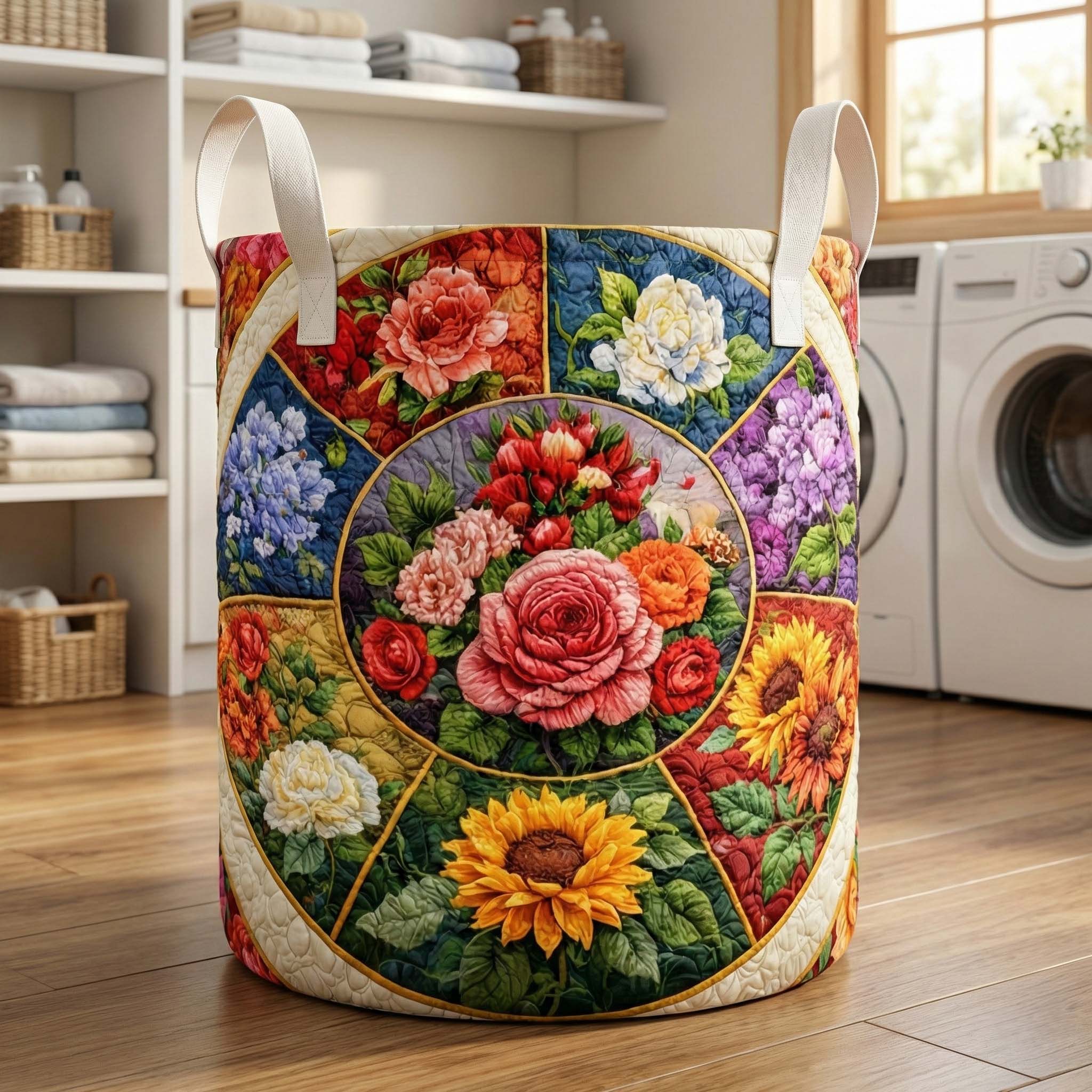 Floral Patchwork Garden Quilted Laundry Basket Vintage Flower Clothes Hamper Cute Gift