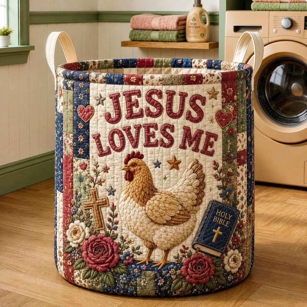 Jesus Loves Me Quilted Laundry Basket Chicken Holy Bible Storage Basket Home Decor Gift
