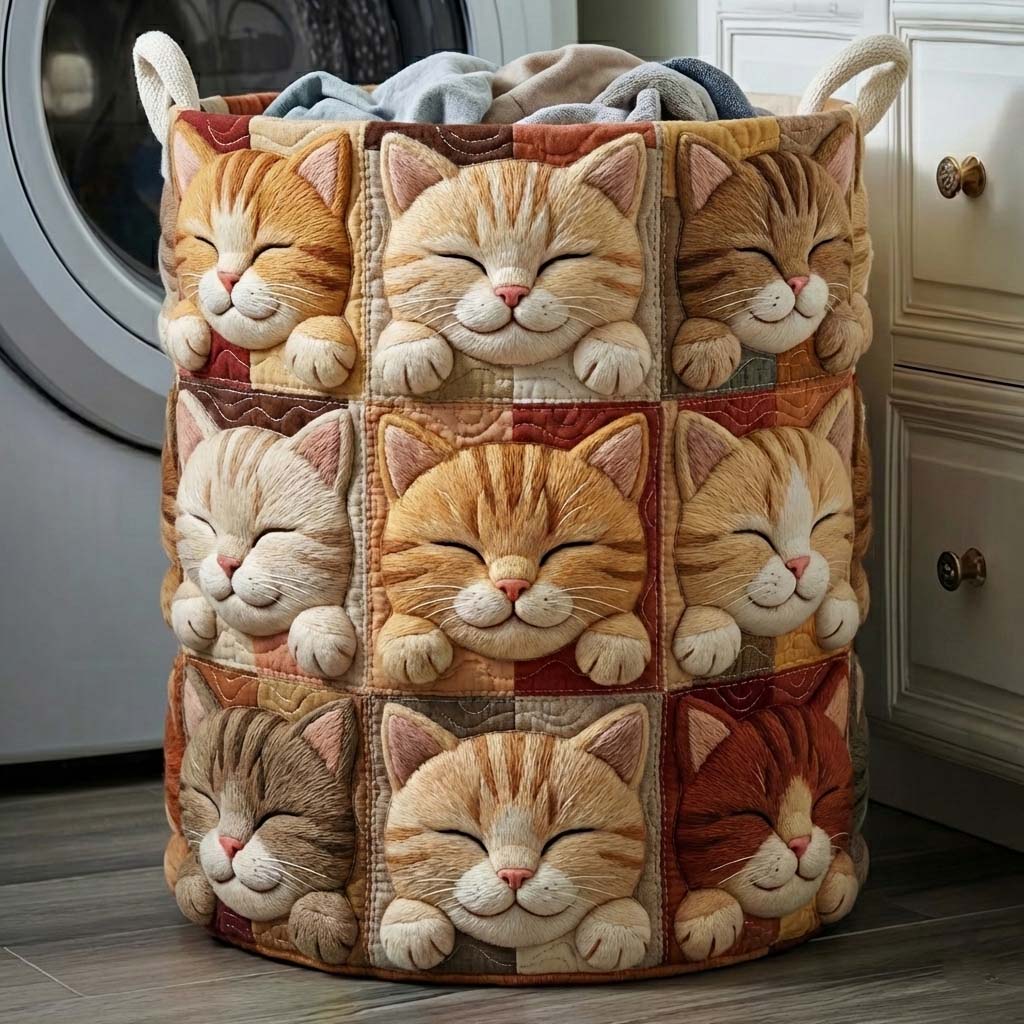 Kitten Patchwork Quilted Laundry Basket Kitten Lover Clothes Hamper Cool Room Decor Gifts