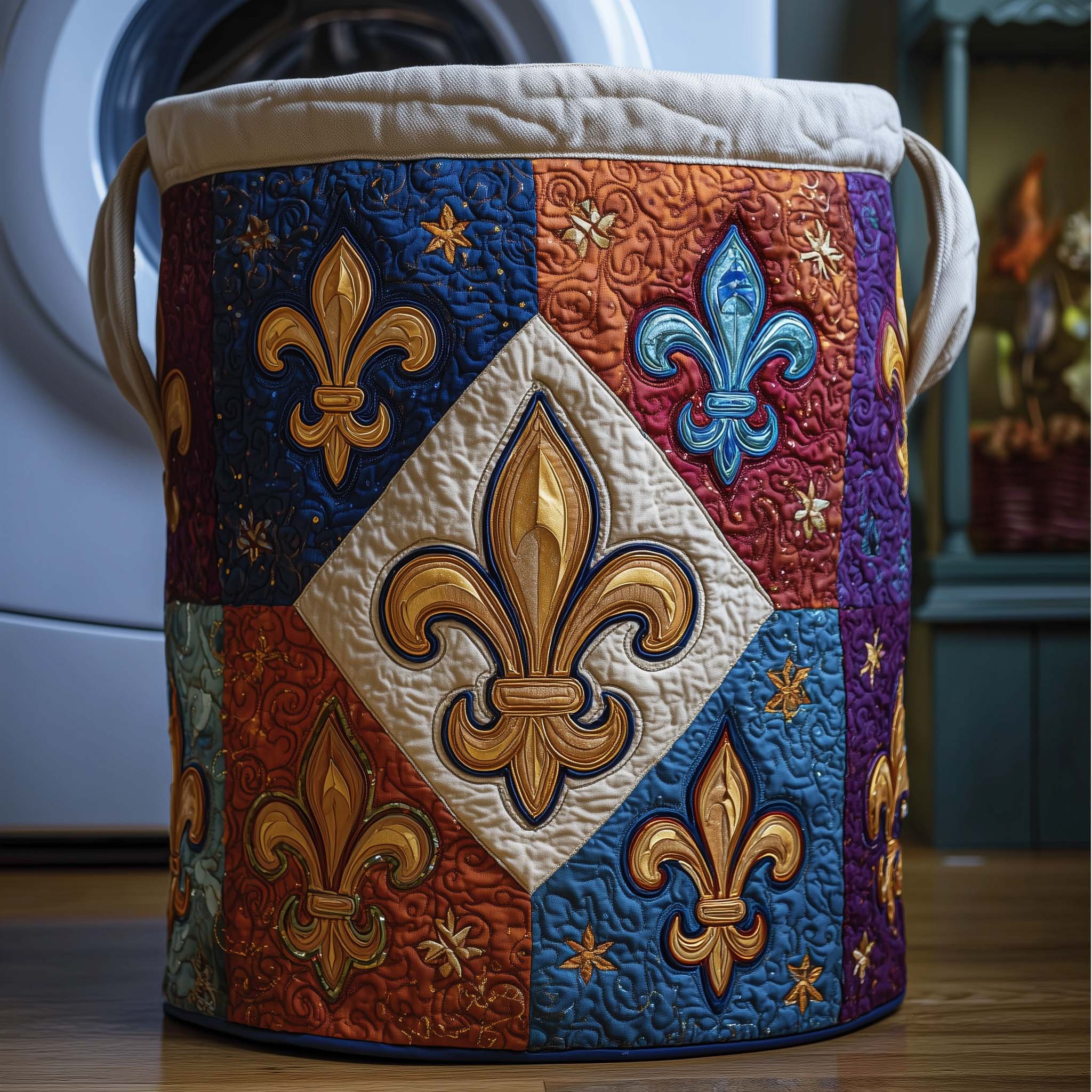 Golden Fleur-De-Lis Quilted Laundry Basket French Country Clothes Hamper Decor Gift