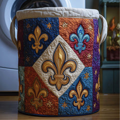 Golden Fleur-De-Lis Quilted Laundry Basket French Country Clothes Hamper Decor Gift