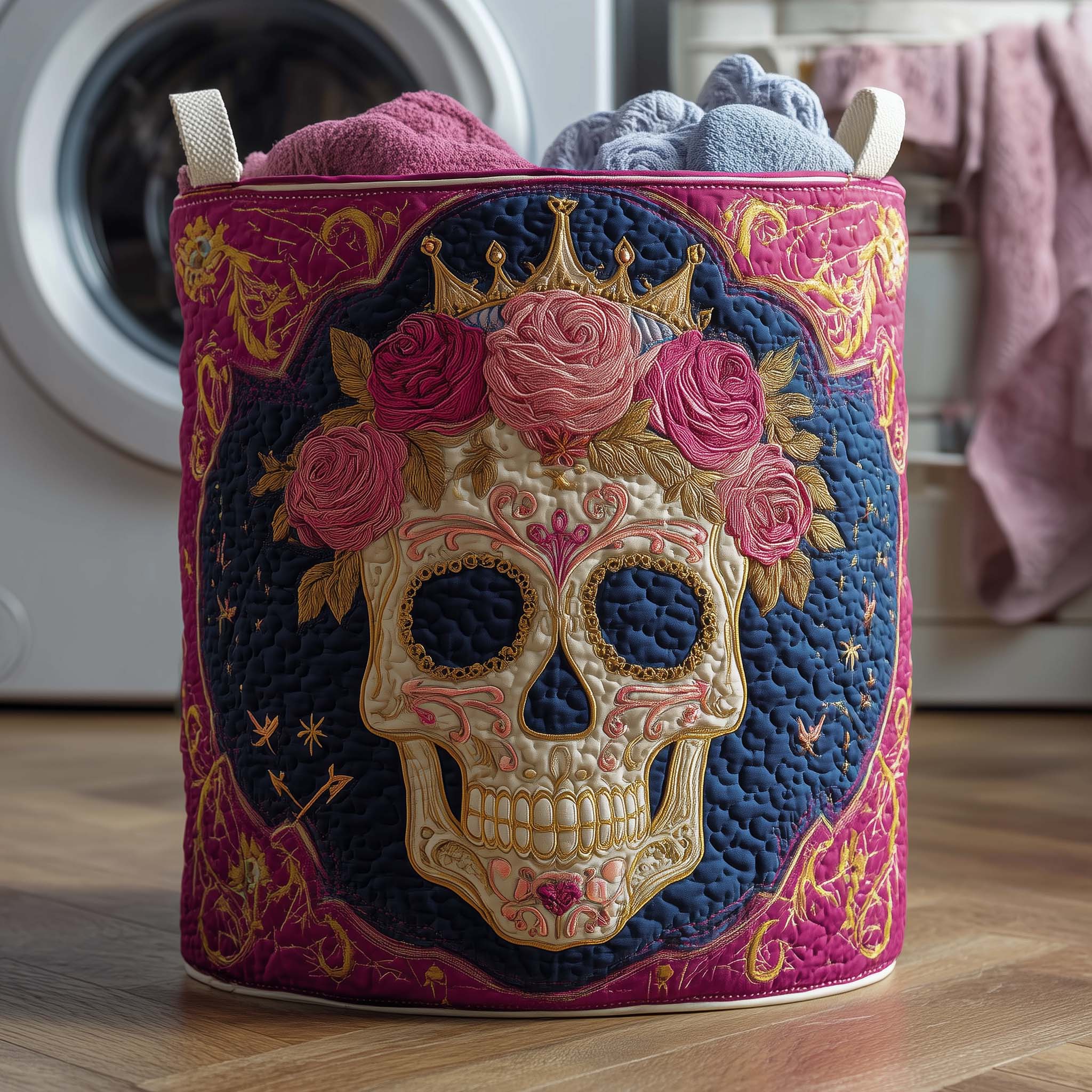 Floral Skull Crown Quilted Laundry Basket Skull Floral Clothes Hamper Room Gift For Her