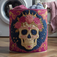 Floral Skull Crown Quilted Laundry Basket Skull Floral Clothes Hamper Room Gift For Her