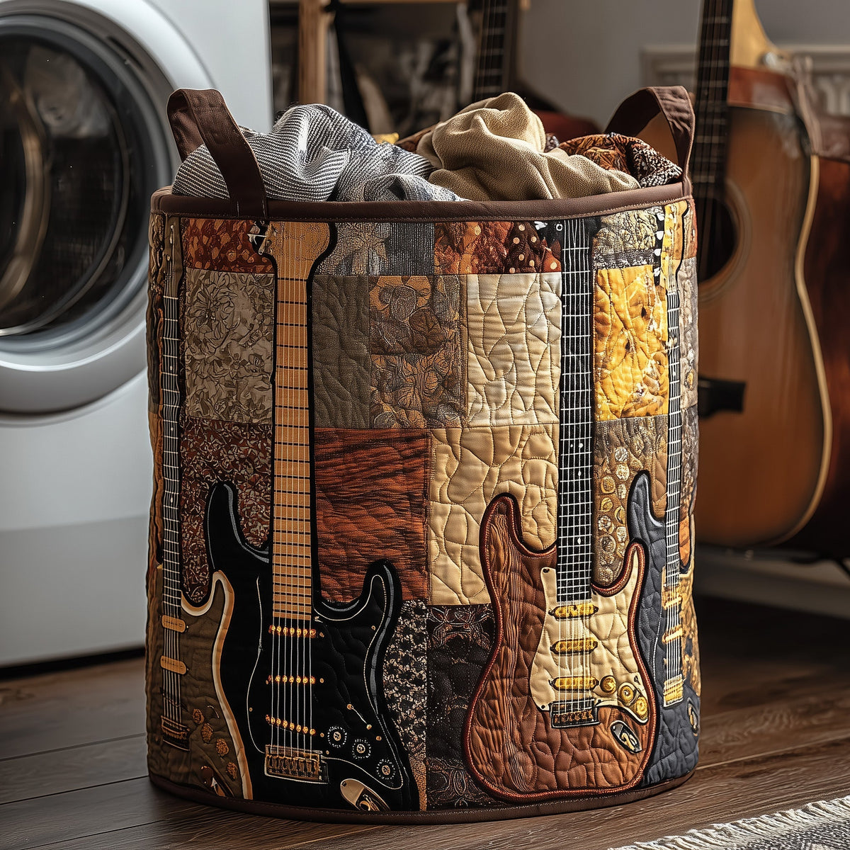 Guitar Patchwork Quilted Laundry Basket Guitar Lover Storage Basket Top Home Decor Gifts