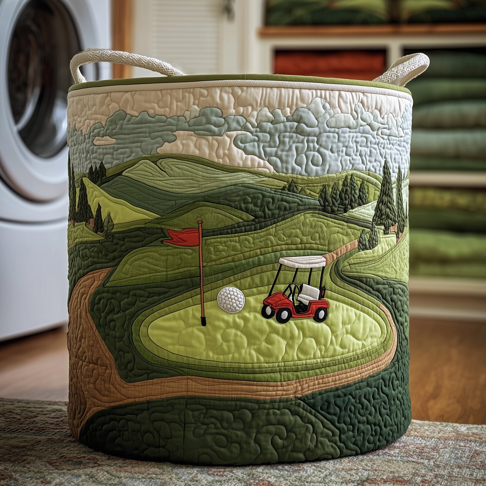 Golf Course Landscape Quilted Laundry Basket Golf Cart And Ball Clothes Hamper Decor Gifts