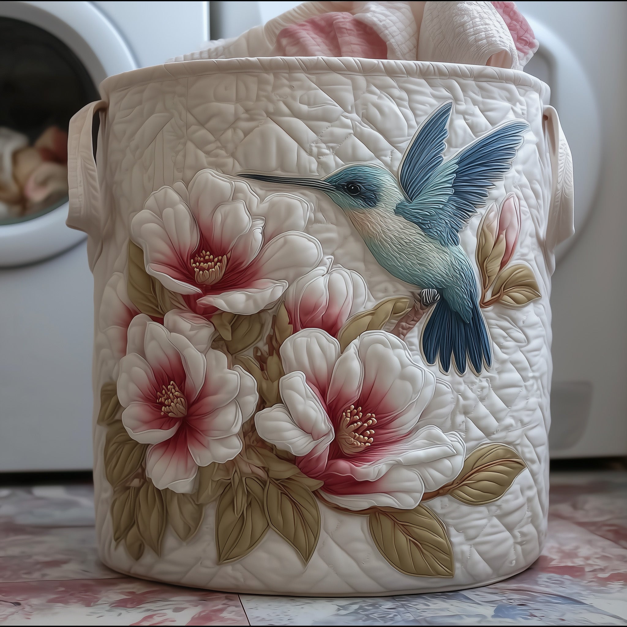 Hummingbird Floral Quilted Laundry Basket Hummingbird Lover Laundry Hamper Top Decor Gift