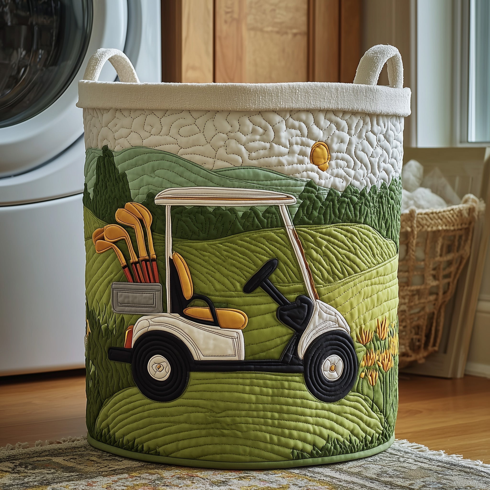 Golf Cart Quilted Laundry Basket Golf Course Landscape Storage Basket Present For Home Lovers