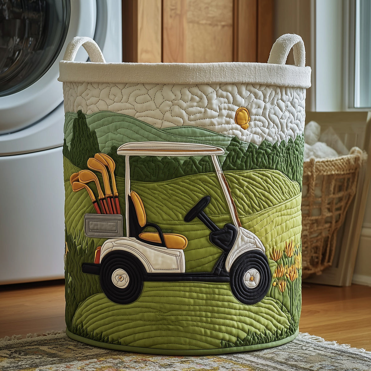Golf Cart Quilted Laundry Basket Golf Course Landscape Storage Basket Present For Home Lovers