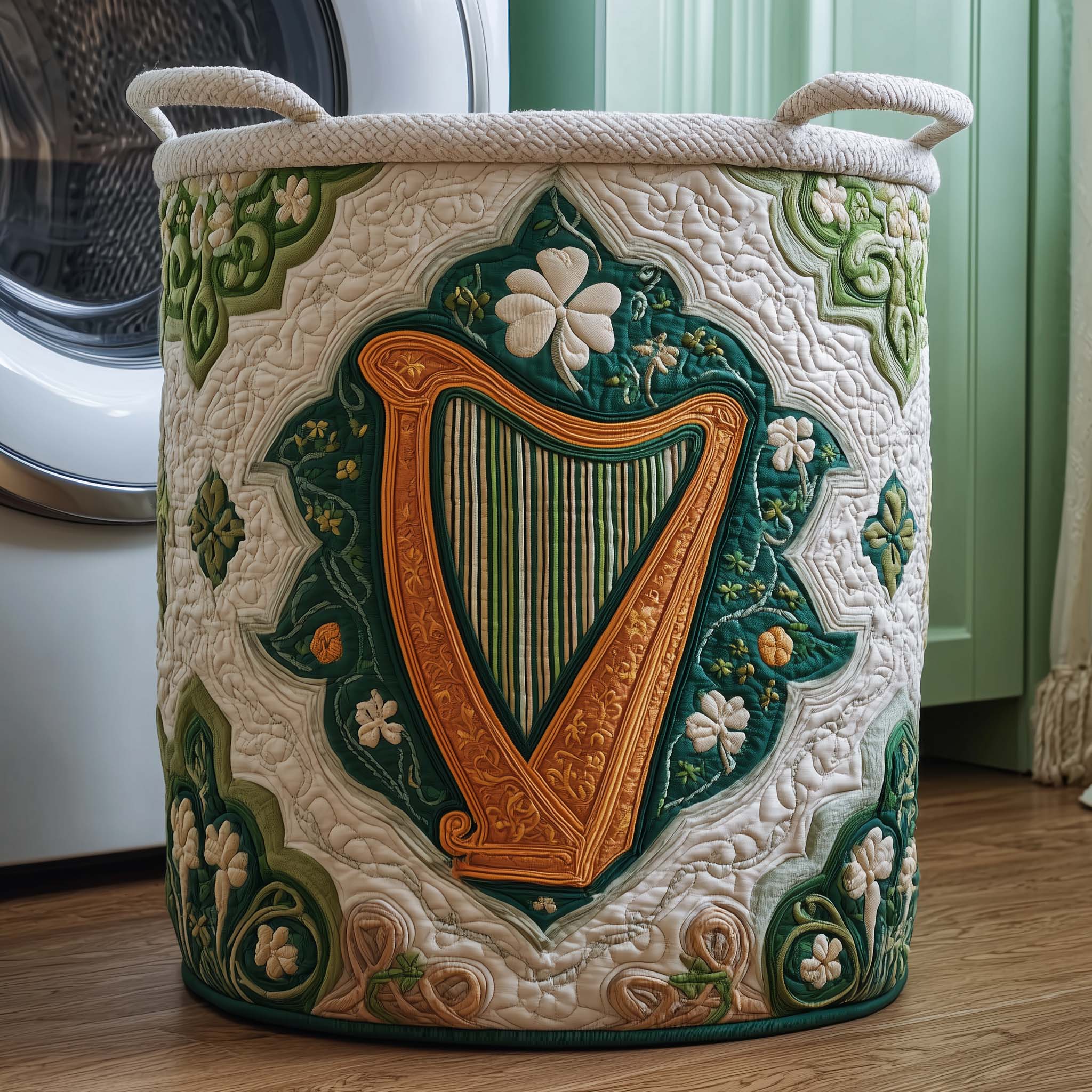 Irish Harp Garden Quilted Laundry Basket Harp Shamrocks Storage Basket Gift For Wife Home Decor