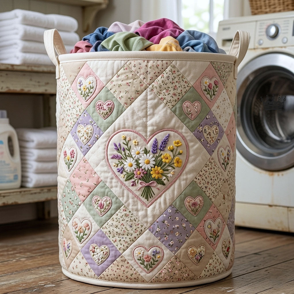 Floral Heart Patchwork Quilted Laundry Basket Floral Heart Laundry Hamper Home Decor Gift