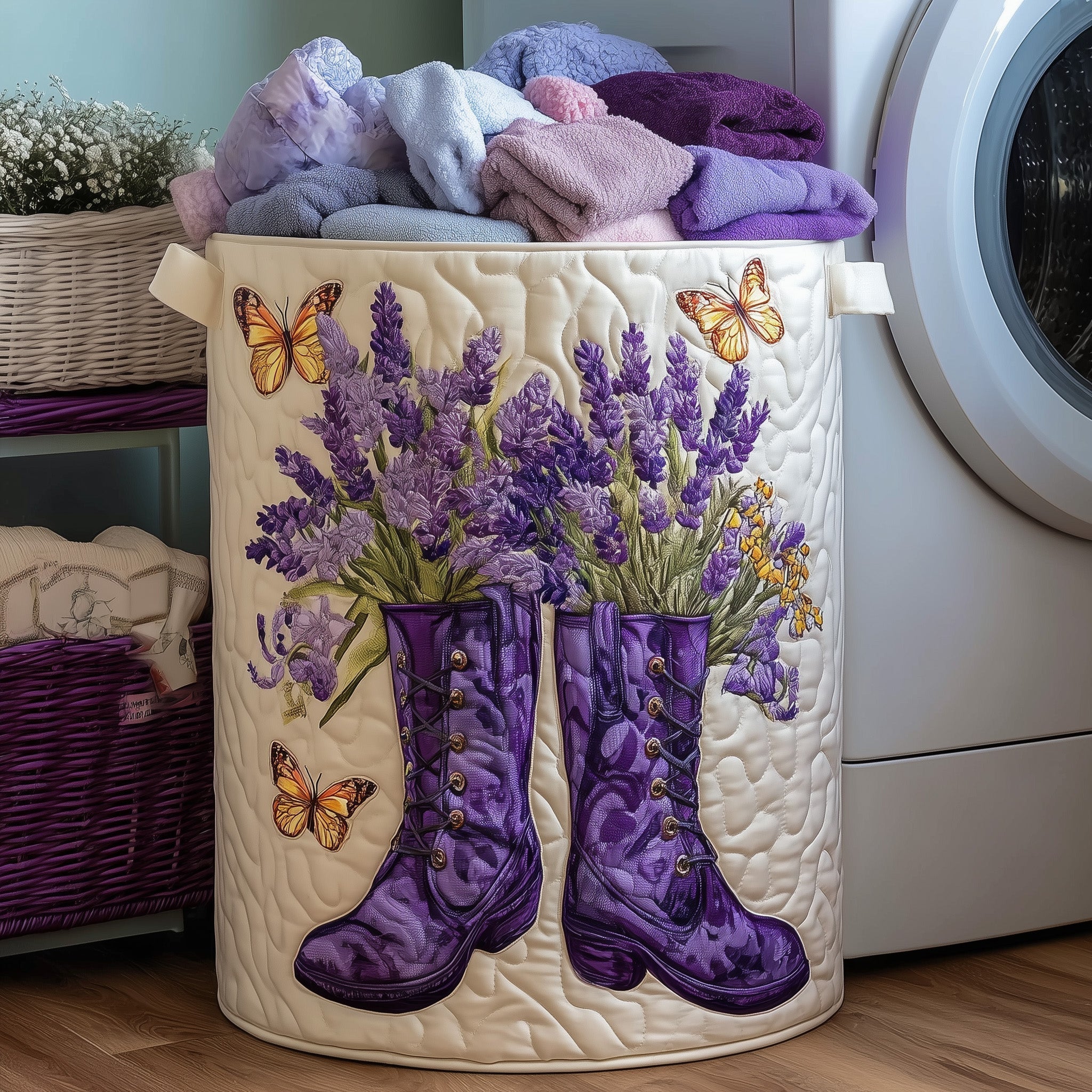 Lavender Boots Quilted Laundry Basket Vintage Wildflower Laundry Bin Cozy Gift