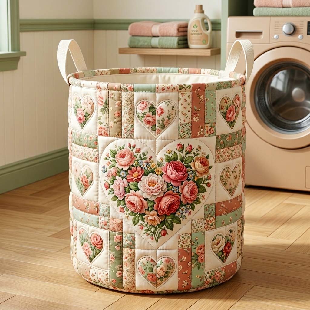 Floral Heart Patchwork Quilted Laundry Basket Floral Heart Laundry Hamper Home Gift