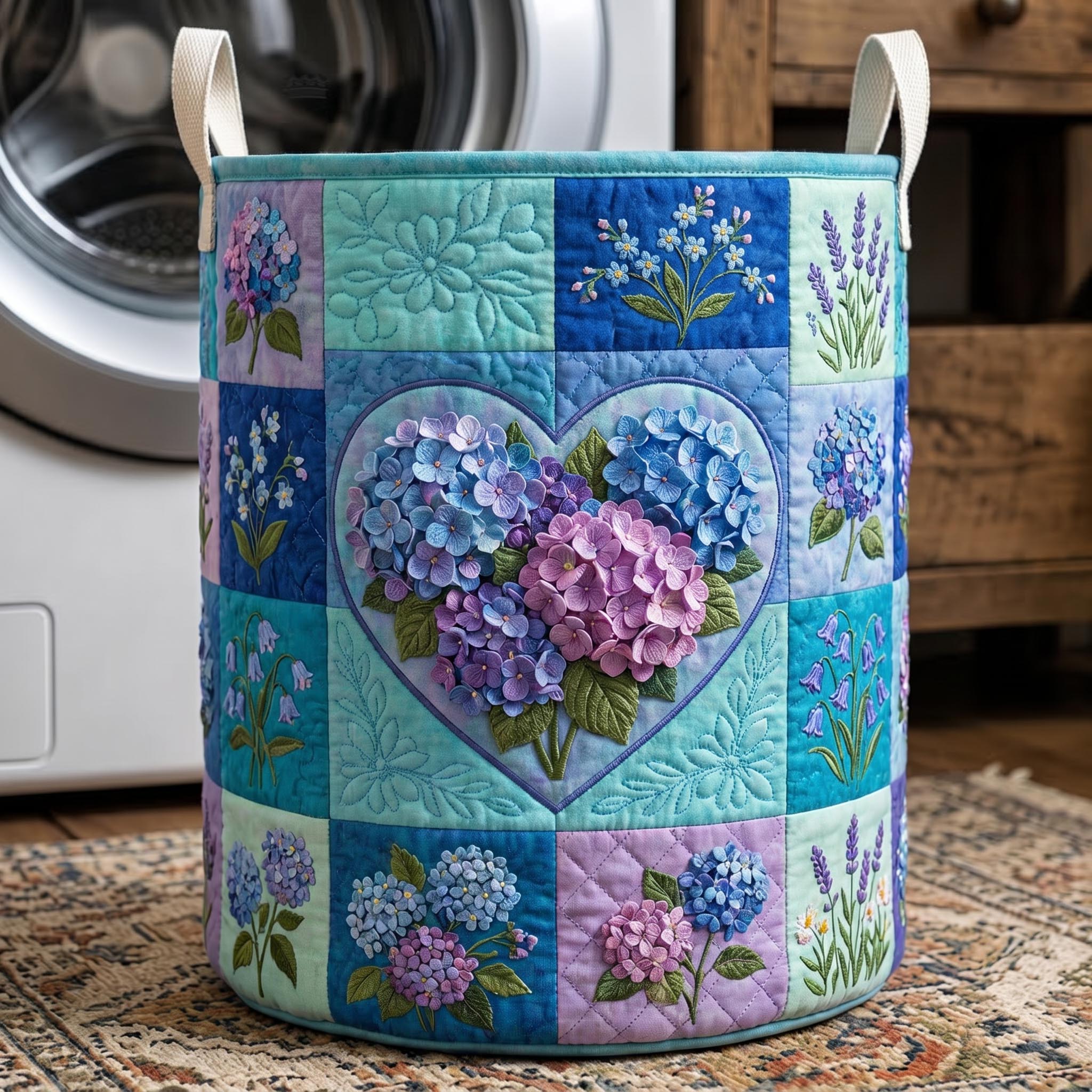 Floral Heart Garden Quilted Laundry Basket Hydrangea Floral Laundry Bin Gift For Room Lovers