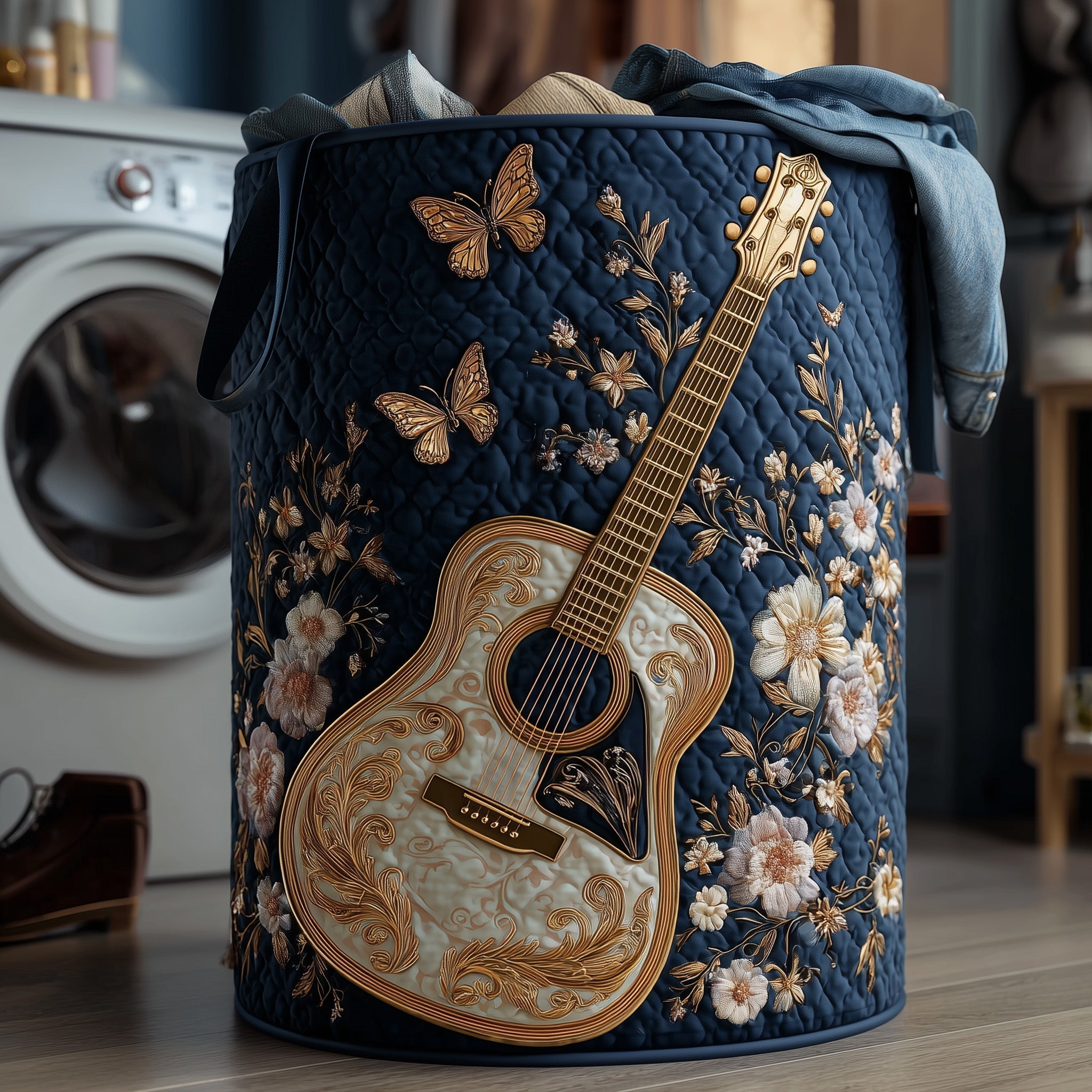 Guitar Garden Quilted Laundry Basket Guitar Floral Hamper Soft Cozy Home Decor For Her