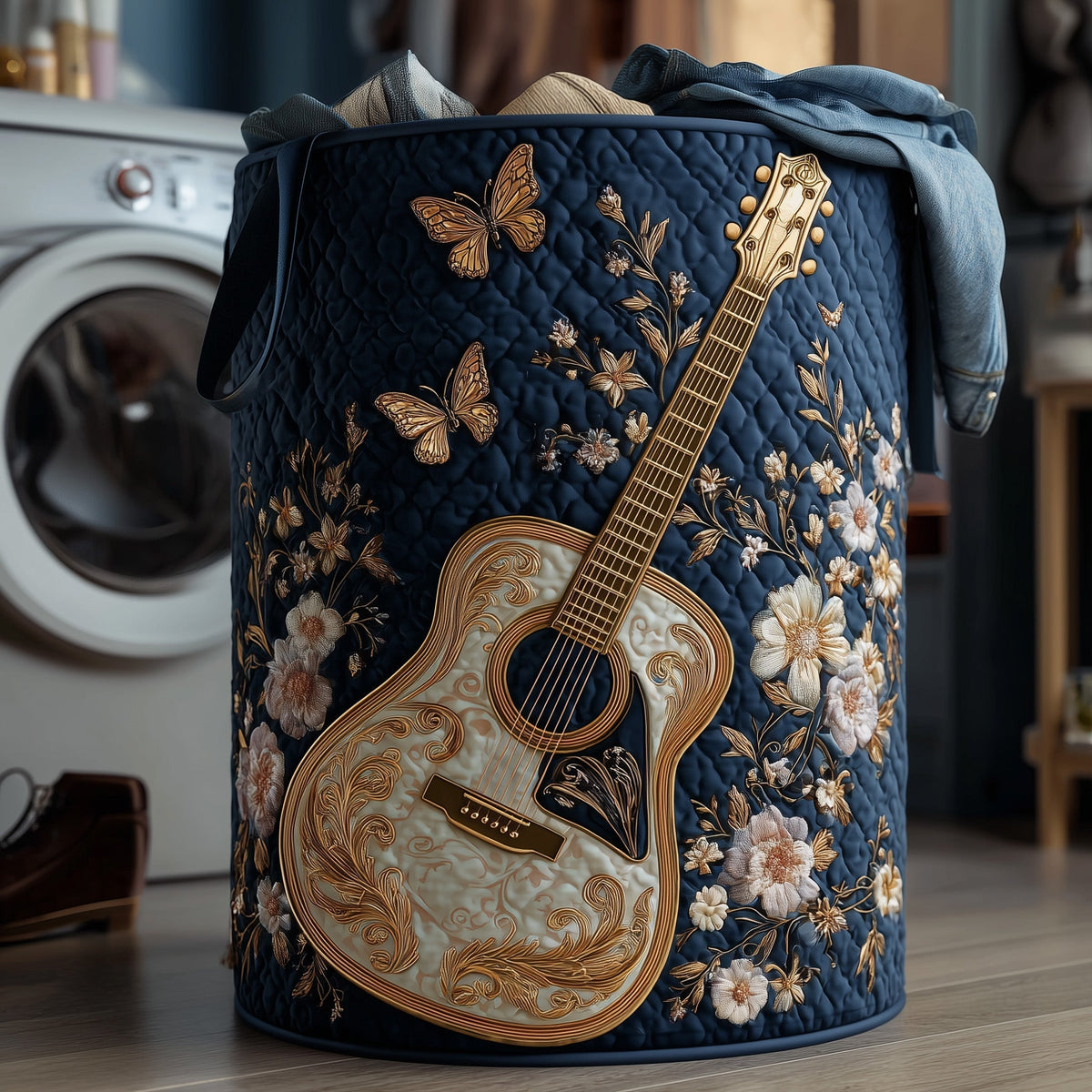 Guitar Garden Quilted Laundry Basket Guitar Floral Hamper Soft Cozy Home Decor For Her