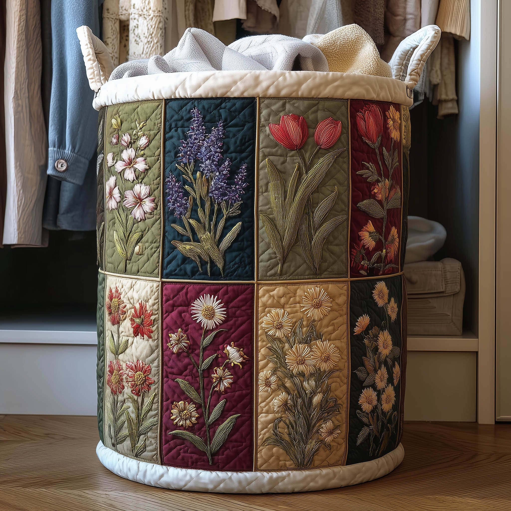 Floral Patchwork Garden Quilted Laundry Basket Botanical Floral Storage Basket House Lover Gift