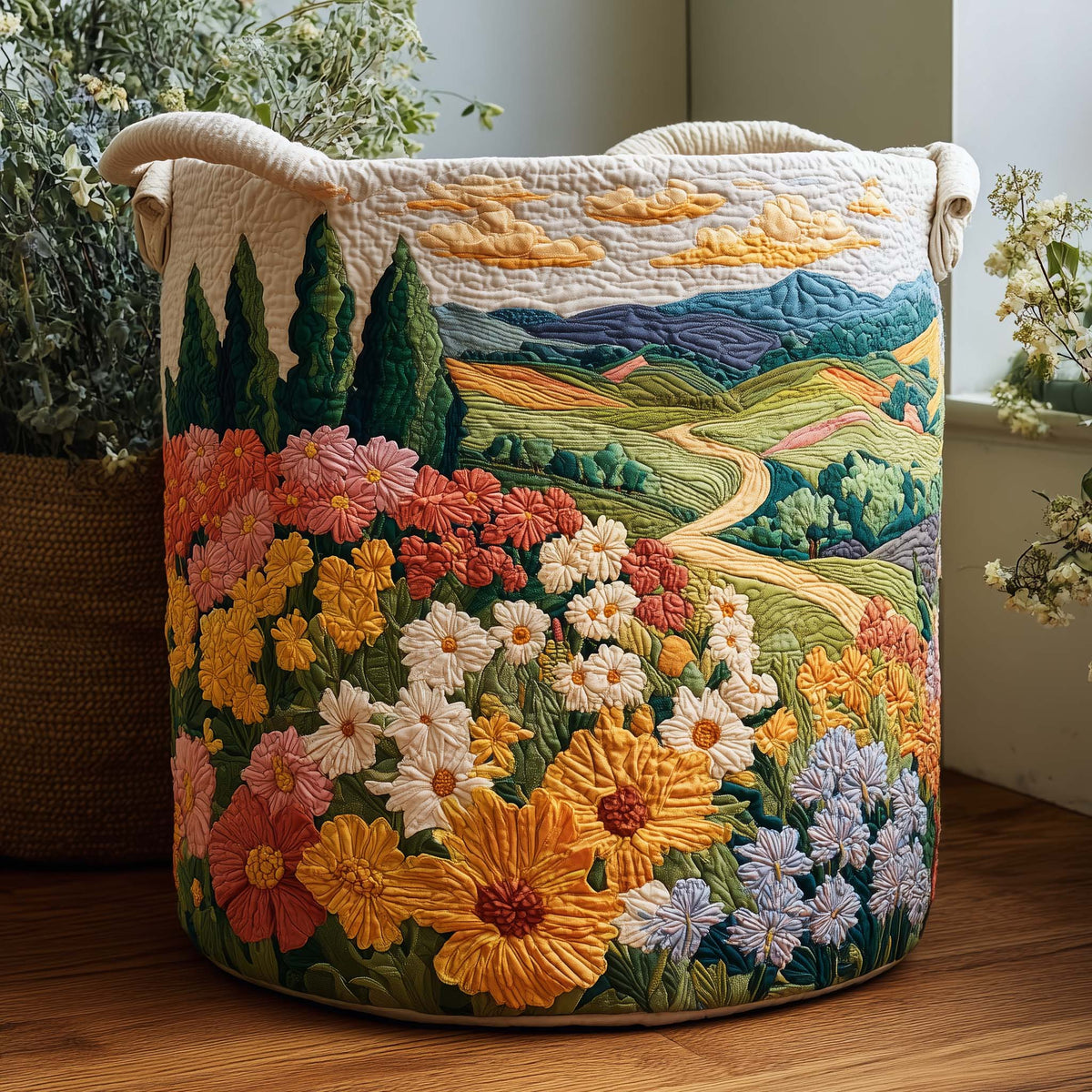 Floral Landscape Quilted Laundry Basket Floral Lands Hamper Home Gifts For Girlfriend