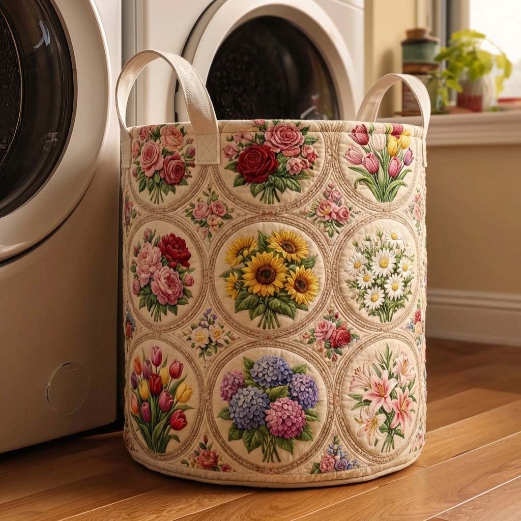 Floral Medley Quilted Laundry Basket Botanical Floral Hamper Home Decor Gifts For Girlfriend