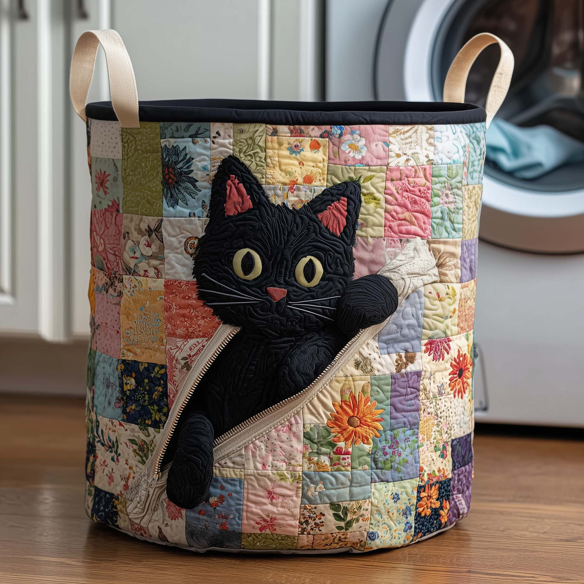 Patchwork Cat Quilted Laundry Basket Cat Lover Hamper Home Gifts For Women