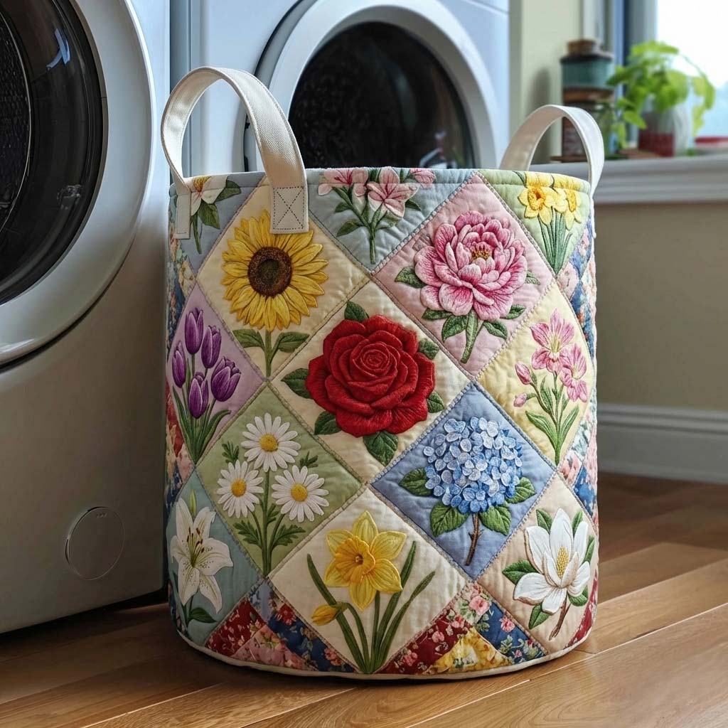 Floral Garden Quilted Laundry Basket Botanical Floral Hamper Top Decor Gift