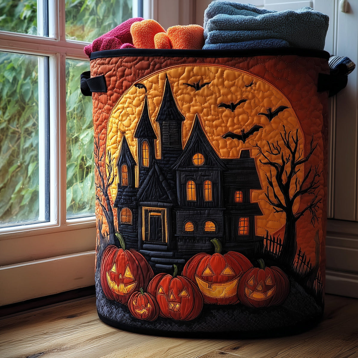 Haunted Halloween Night Quilted Laundry Basket Haunted House Pumpkins Clothes Hamper Decor Gift