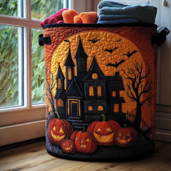 Haunted Halloween Night Quilted Laundry Basket Haunted House Pumpkins Clothes Hamper Decor Gift