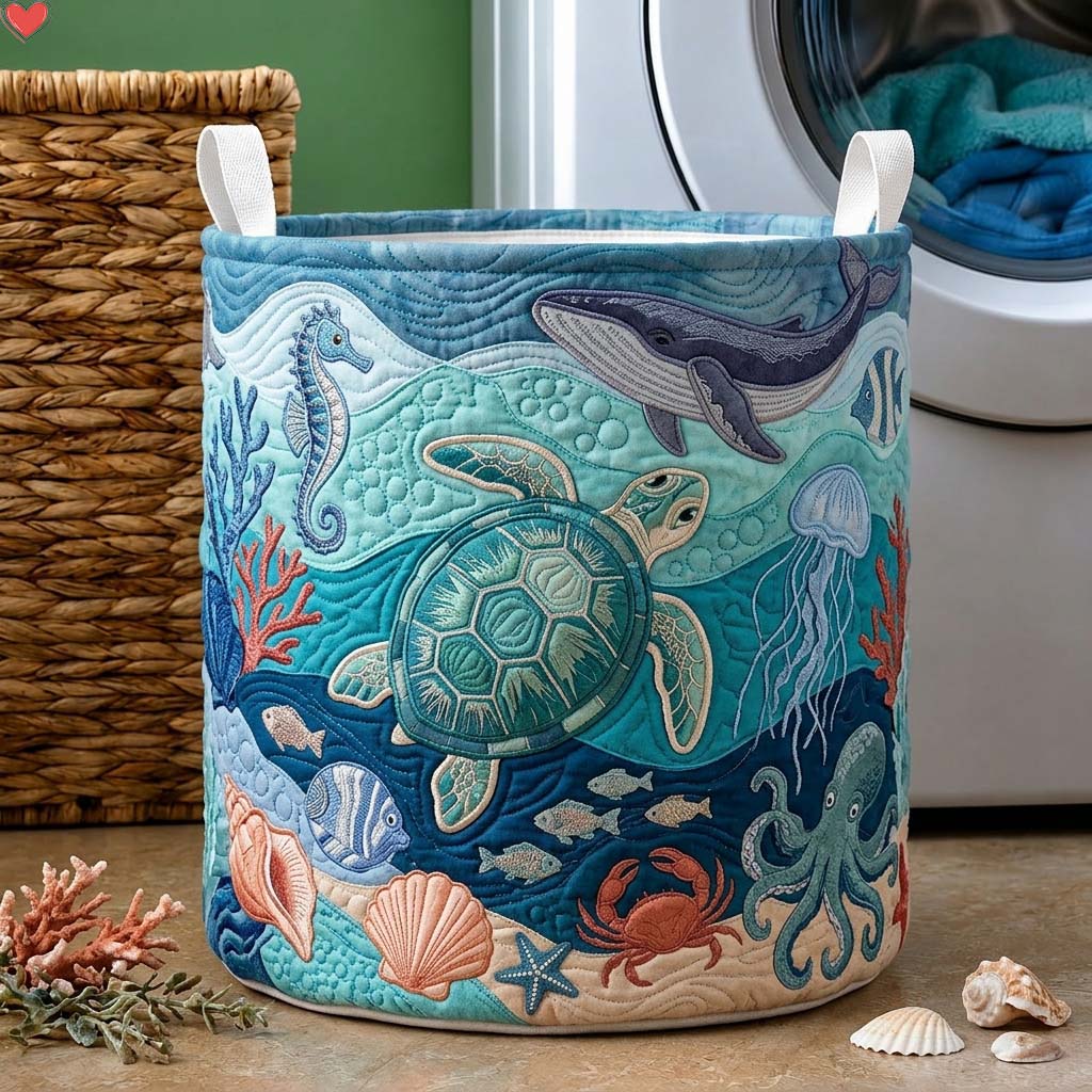 Oceanic Life Quilt Quilted Laundry Basket Turtle Ocean Storage Basket Home Decor Gifts For Mom