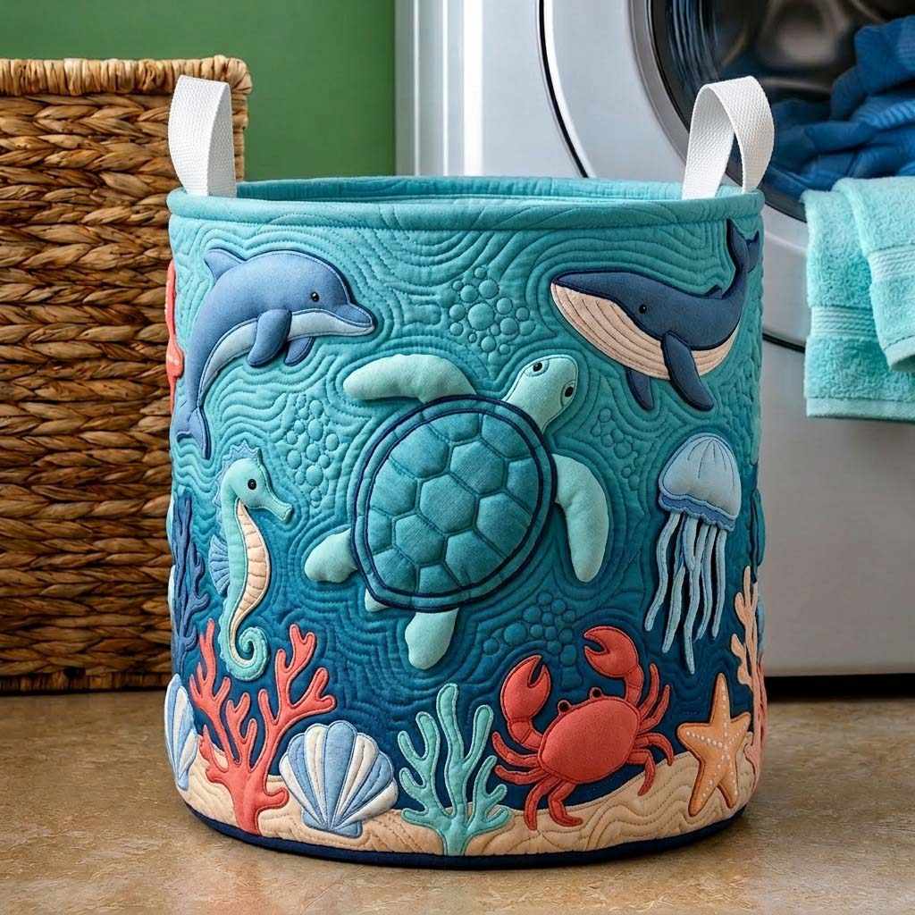 Oceanic Wonderland Quilted Laundry Basket Sea Turtle Lover Laundry Hamper Home Lover Gift Ideas