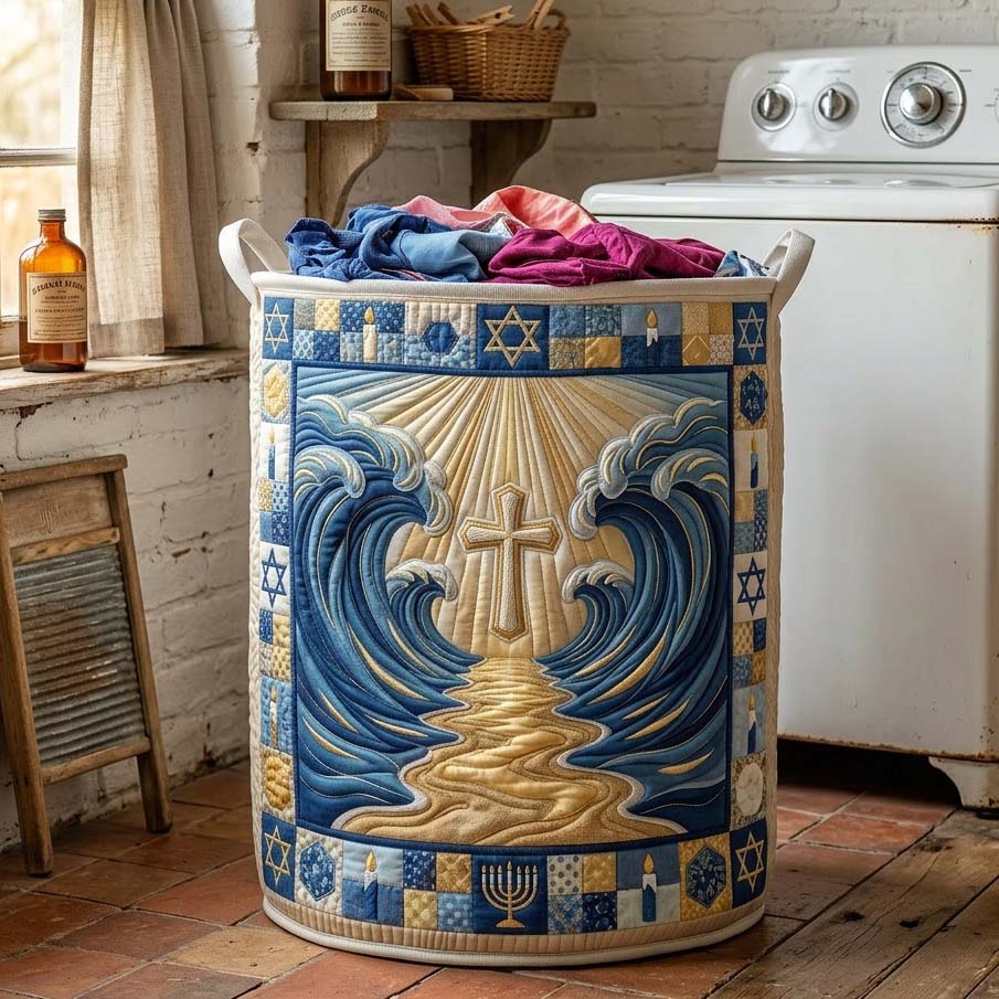Parting Waters Quilted Laundry Basket Cross And Waves Clothes Hamper Trendy Room Decor
