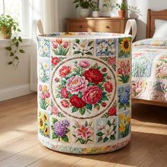 Floral Garden Quilted Laundry Basket Floral Patchwork Hamper Soft Cozy Home Decor For Her
