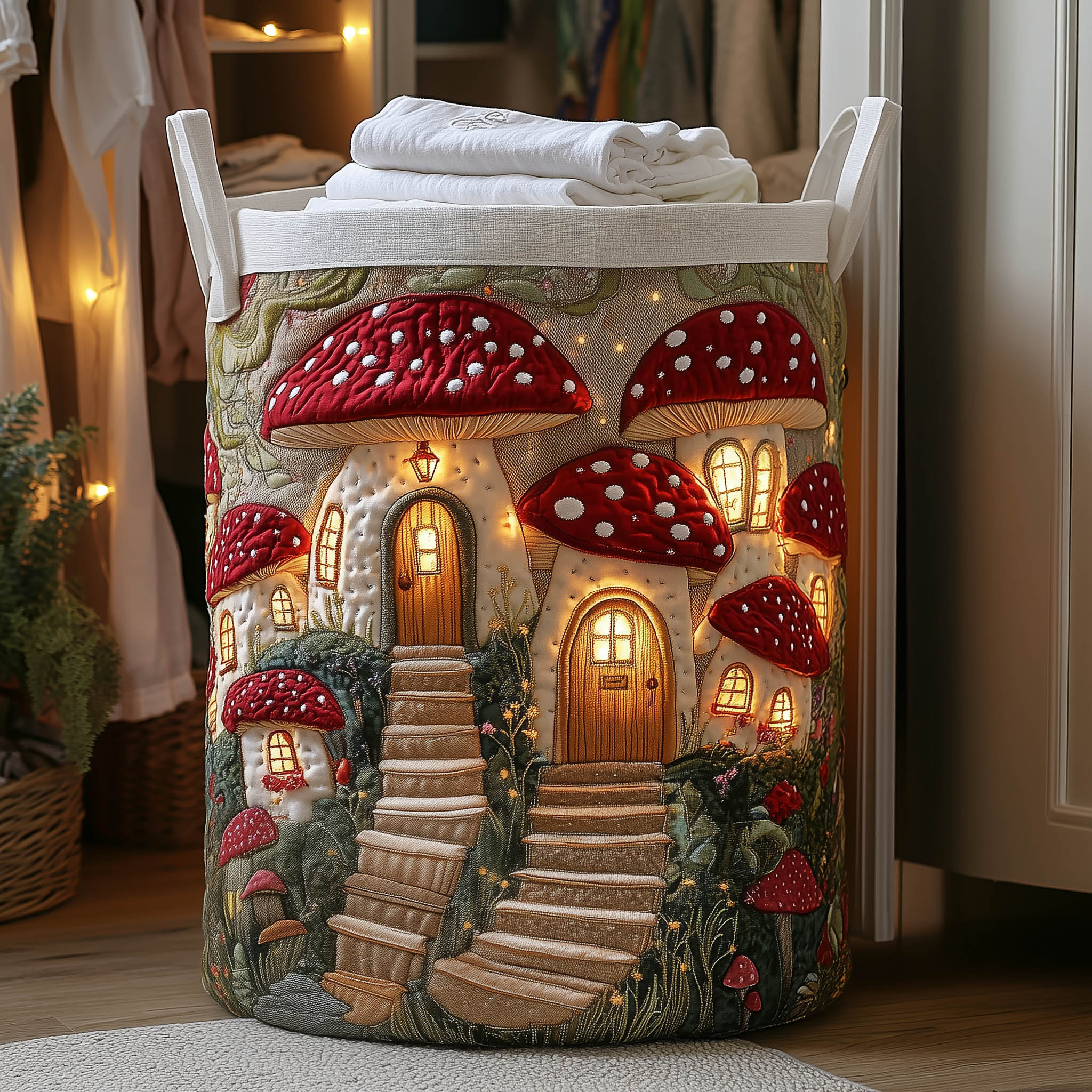 Mushroom Village Quilted Laundry Basket Mushroom Houses Hamper Best Home Decor Gifts